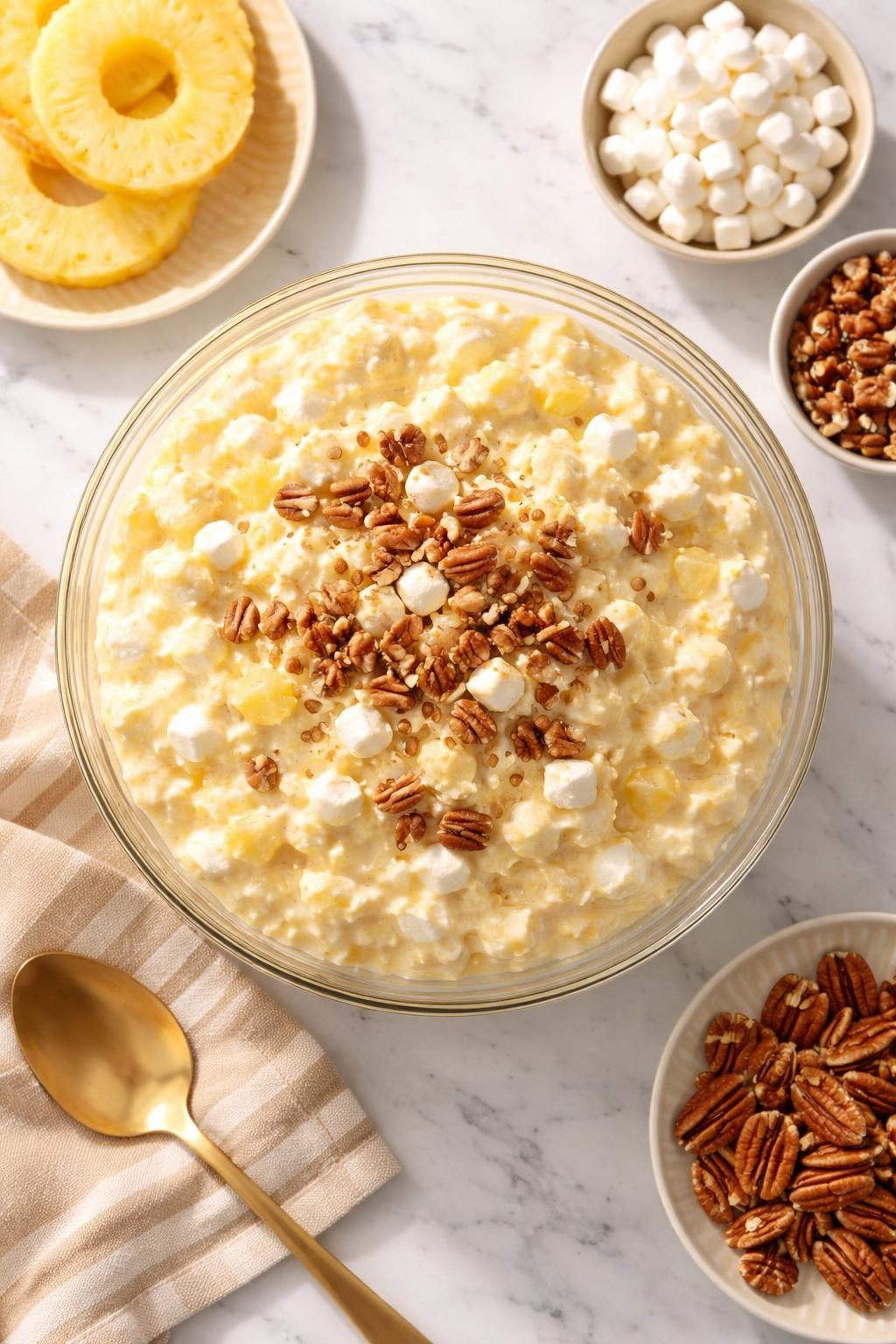 Image Prompt: Realistic top-down editorial food photography of pineapple cottage cheese jello salad in a clear bowl on a white marble countertop, creamy pale yellow jello salad mixed with crushed pineapple, cottage cheese, marshmallows, and pecans, retro homemade gathering dish styling, bright natural daylight, soft shadows, clean editorial composition, high detail, realistic texture, no people, no hands, no text, no watermarks, no props with writing.