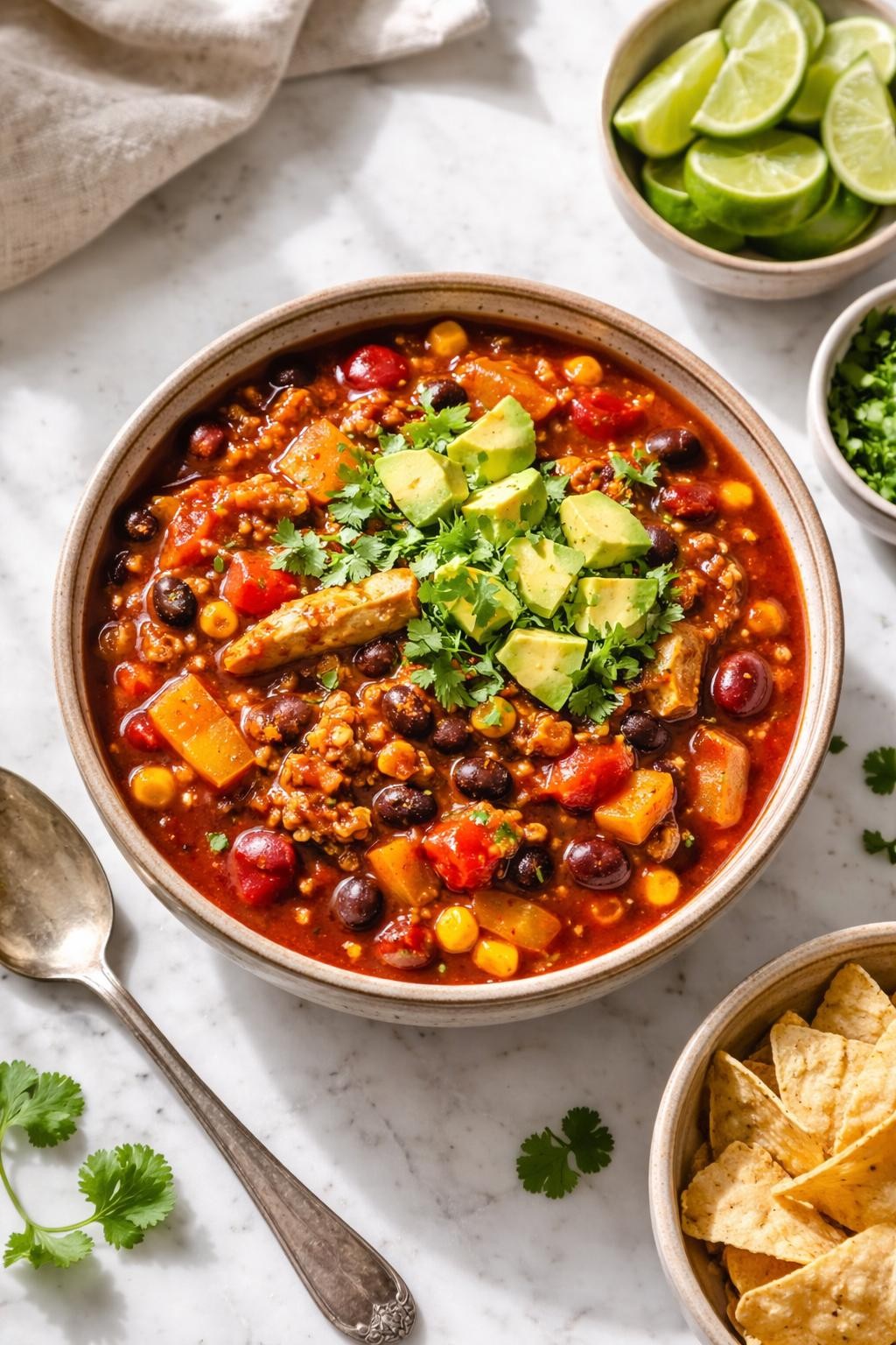 Image Prompt: Realistic top-down editorial food photography of soy curl chili on a white marble countertop, rich red chili filled with soy curls, beans, tomatoes, bell peppers, and corn, topped with avocado and cilantro in a rustic bowl, cozy homemade vegan dinner mood, bright natural daylight, soft shadows, clean editorial composition, high detail, realistic texture, no people, no hands, no text, no watermarks, no props with writing.