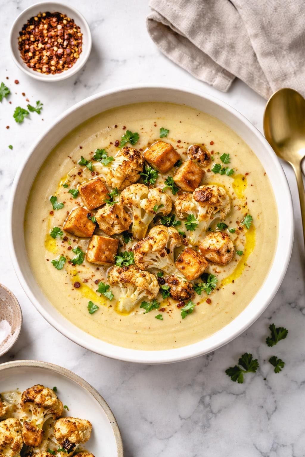 An overheard picture view of a plate of Creamy Roasted Cauliflower and Tofu Soup sitting on a marble countertop table in the kitchen, professional food photography style.