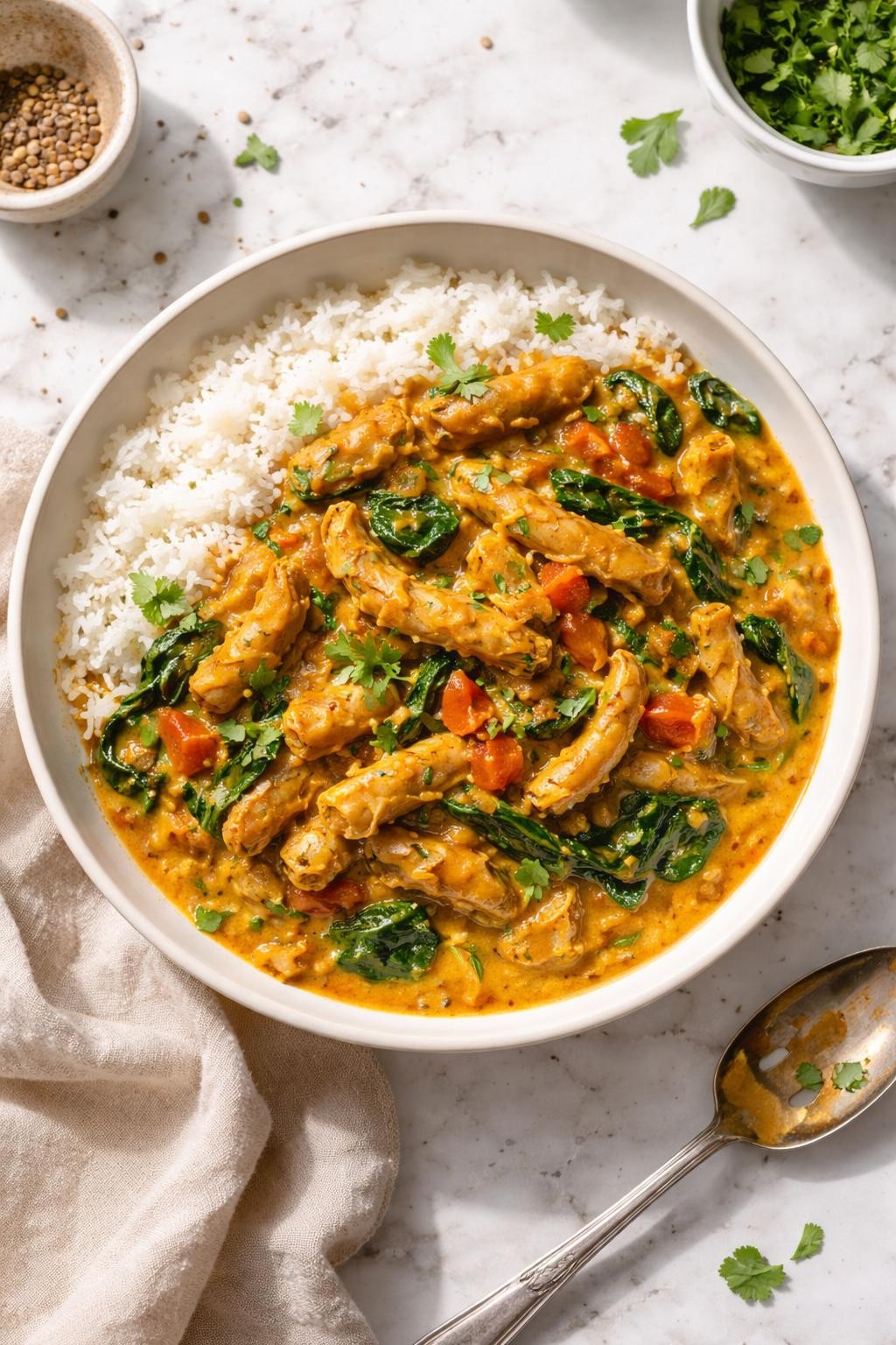 Image Prompt: Realistic top-down editorial food photography of soy curl curry on a white marble countertop, tender soy curls in a creamy golden coconut curry sauce with onions, tomatoes, and spinach, served over fluffy rice in a shallow bowl, cozy homemade vegan dinner styling, bright natural daylight, soft shadows, clean editorial composition, high detail, realistic texture, no people, no hands, no text, no watermarks, no props with writing.