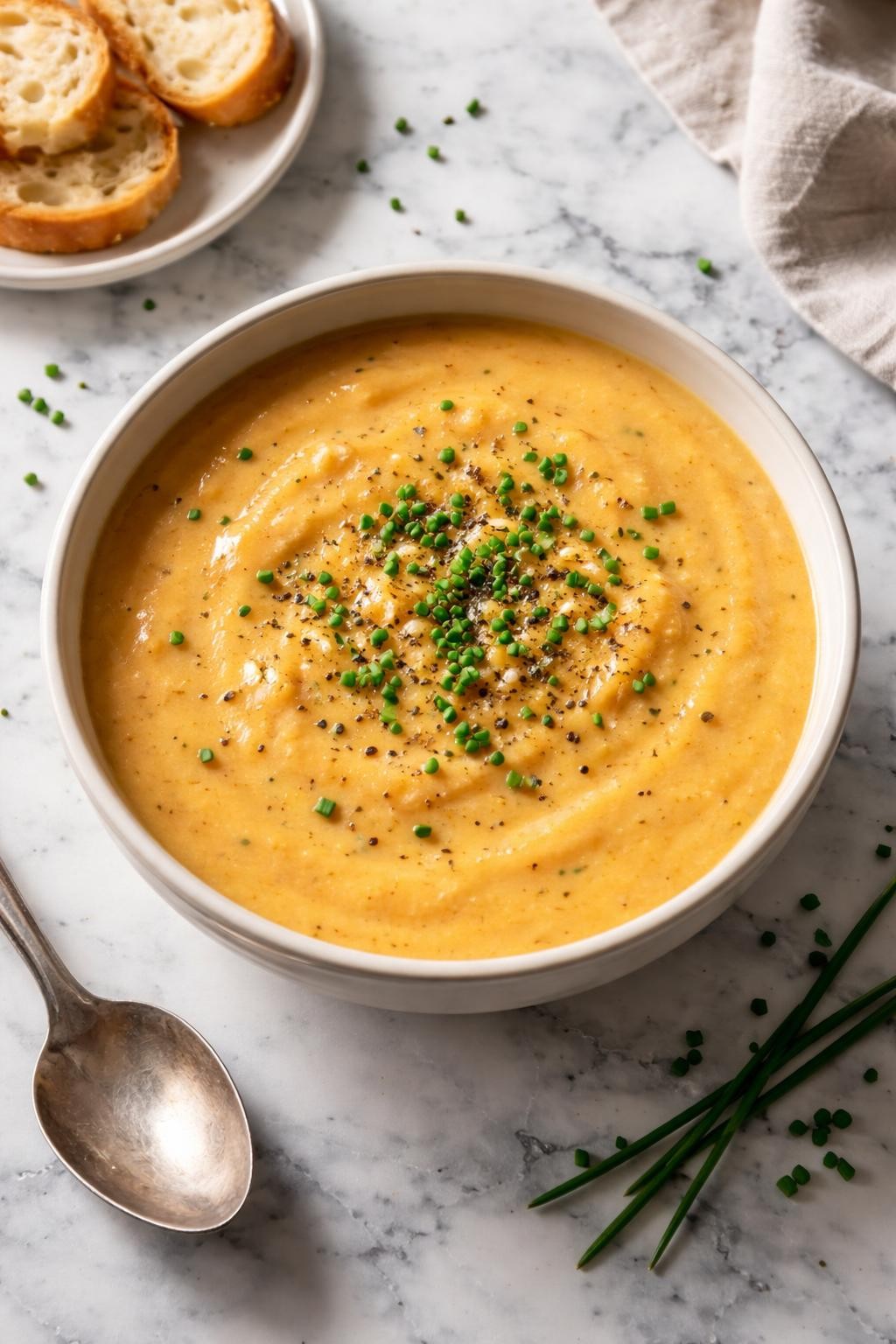 Image Prompt: Realistic top-down editorial food photography of smoky gouda beer cheese soup on a white and gray marble countertop, creamy golden soup with a deeper amber tone from smoky gouda, topped with cracked black pepper and chives, rich velvety texture, simple bowl, warm homemade mood, natural daylight, soft shadows, clean composition, no people, no hands, no text, no watermarks, no props with writing.