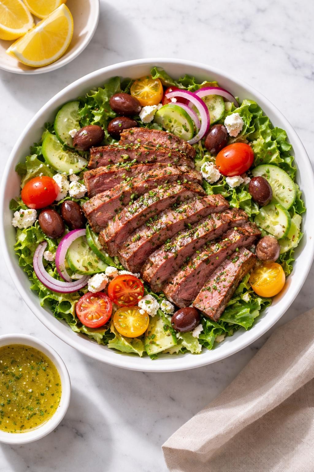 Image Prompt: Realistic top-down editorial food photography of a Mediterranean steak salad in a white ceramic bowl on a clean marble countertop, sliced grilled steak over romaine and mixed greens with cucumber, cherry tomatoes, kalamata olives, red onion, feta cheese, and a lemon herb dressing, bright natural light, soft shadows, clean fresh dinner styling, high detail, realistic food texture, no people, no hands, no text, no watermarks, no props with writing.