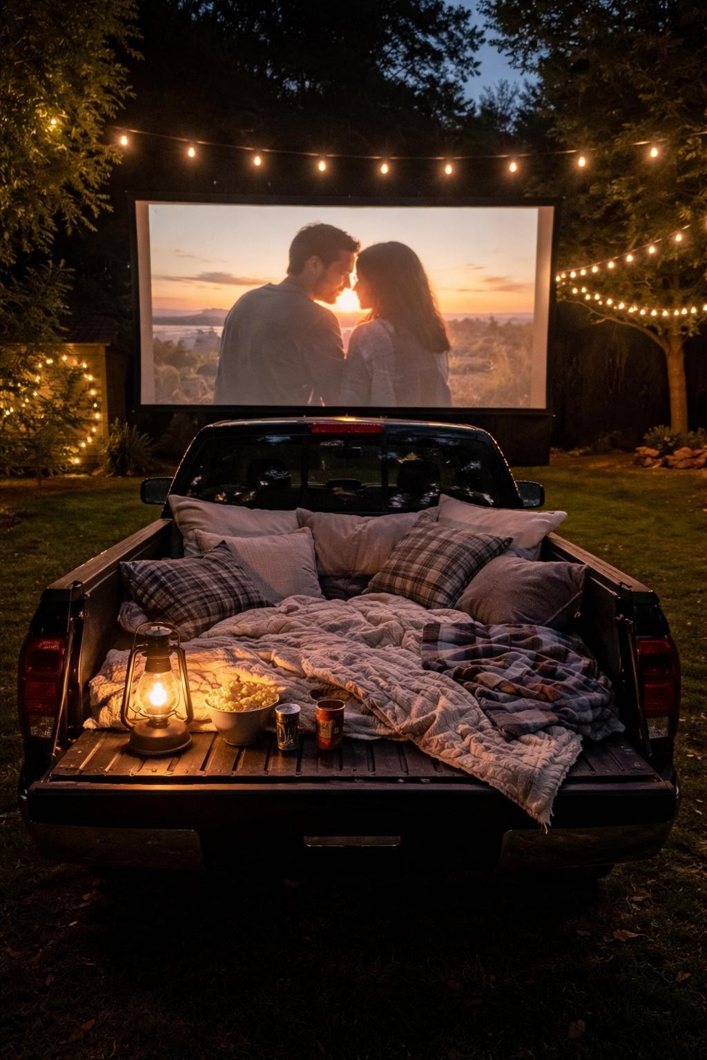 Photo of a backyard with a pickup truck backed up facing a movie screen, truck bed filled with pillows and blankets, wide view at night, screen glow, containing a lantern on the tailgate, iPhone photo quality.