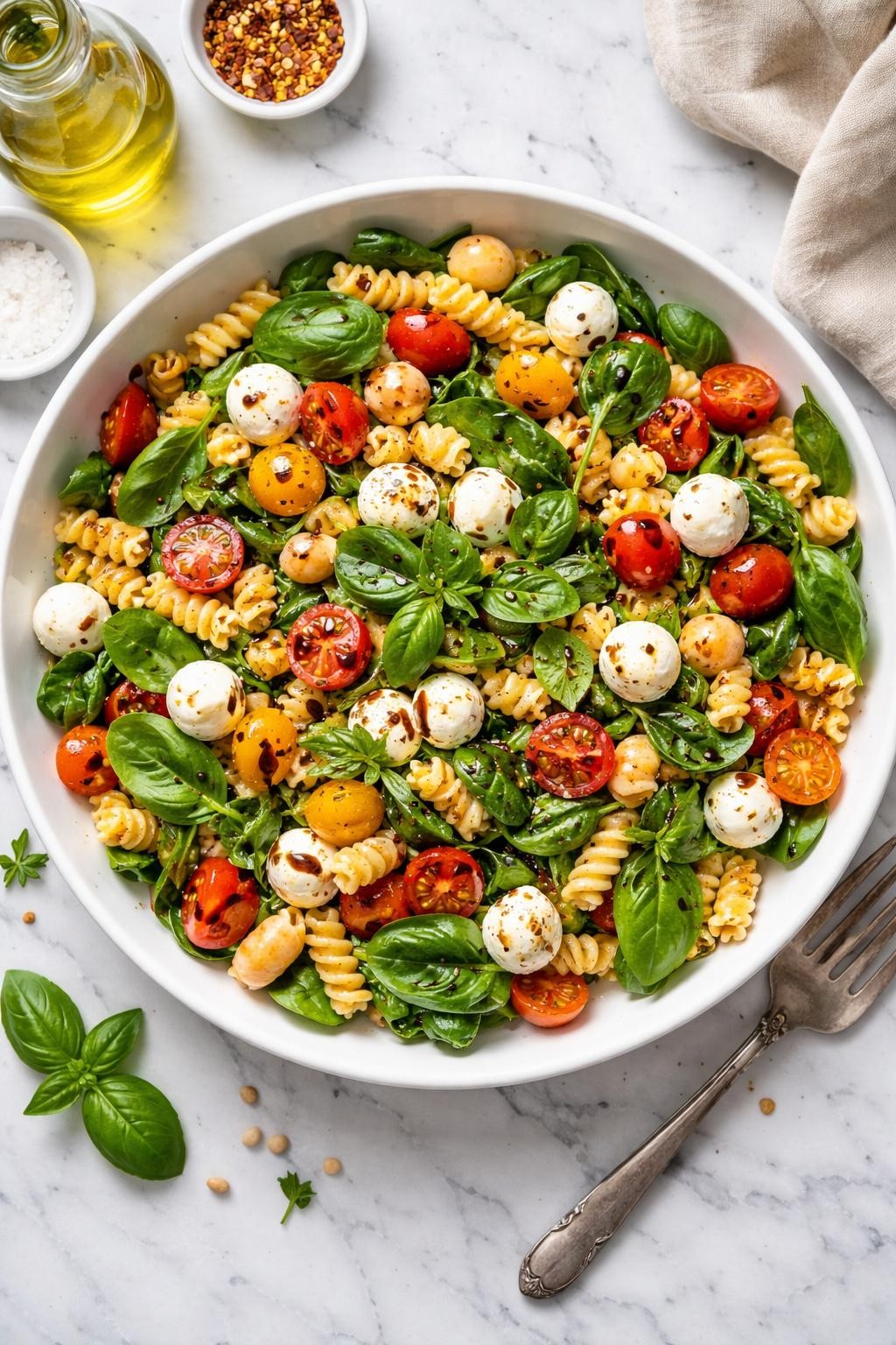 An overheard picture view of a plate of  Caprese Pasta Salad with Spinach  sitting on a marble countertop table in the kitchen, professional food photography style.
