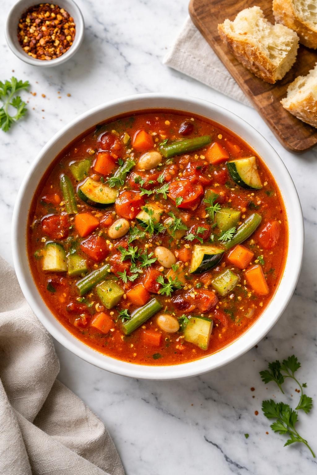 Image Prompt: Realistic top-down editorial food photography of a bowl of tomato vegetable soup on a clean white and gray marble countertop, filled with carrots, celery, zucchini, green beans, tomatoes, and beans in a rich red broth, warm homemade restaurant-style soup mood, bright natural light, soft shadows, clean editorial styling, high detail, realistic texture, no people, no hands, no text, no watermarks, no props with writing.