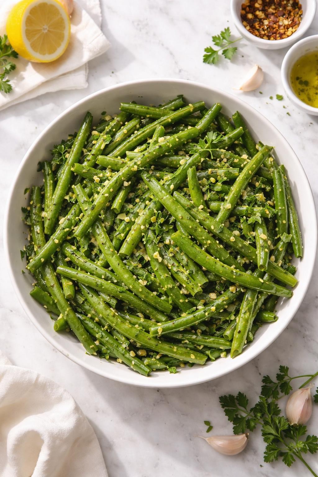 Image Prompt: Realistic top-down editorial food photography of a lemon garlic green bean salad in a white serving bowl on a clean marble countertop, chilled green beans coated lightly in lemon garlic dressing with parsley and black pepper, bright natural window light, soft shadows, clean homemade food styling, high detail, realistic food textures, no people, no hands, no text, no watermarks, no props with writing.