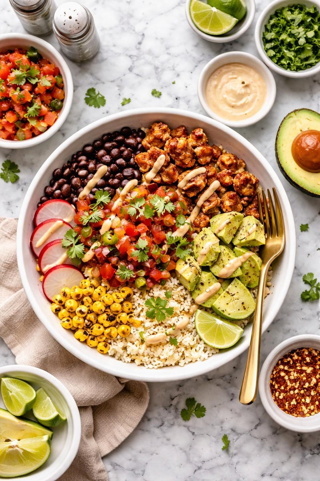 An overheard picture view of a plate of Cauliflower Rice Burrito Bowls sitting on a marble countertop table in the kitchen, professional food photography style.