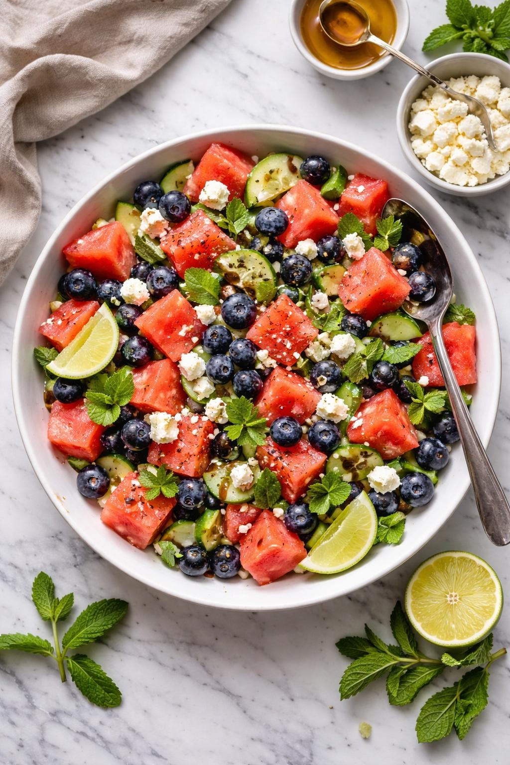 An overheard picture view of a plate of Blueberry Watermelon Salad with Feta and Mint sitting on a marble countertop table in the kitchen, professional food photography style.