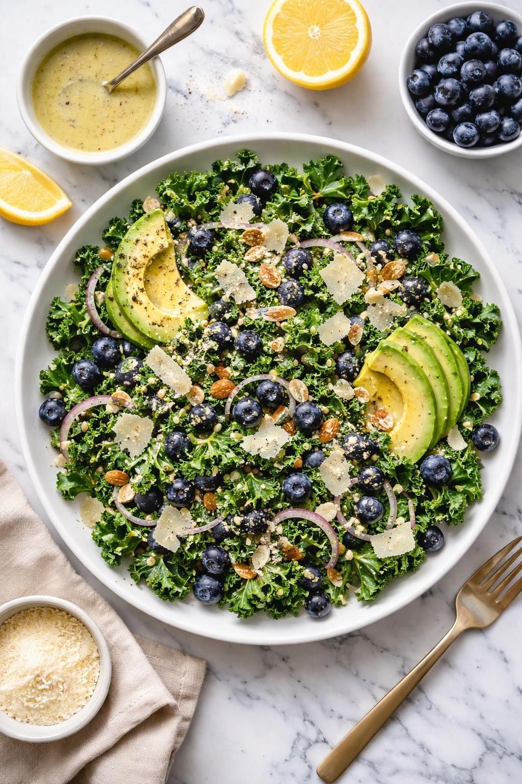 An overheard picture view of a plate of Blueberry Kale Salad with Lemon Parmesan Dressing sitting on a marble countertop table in the kitchen, professional food photography style.