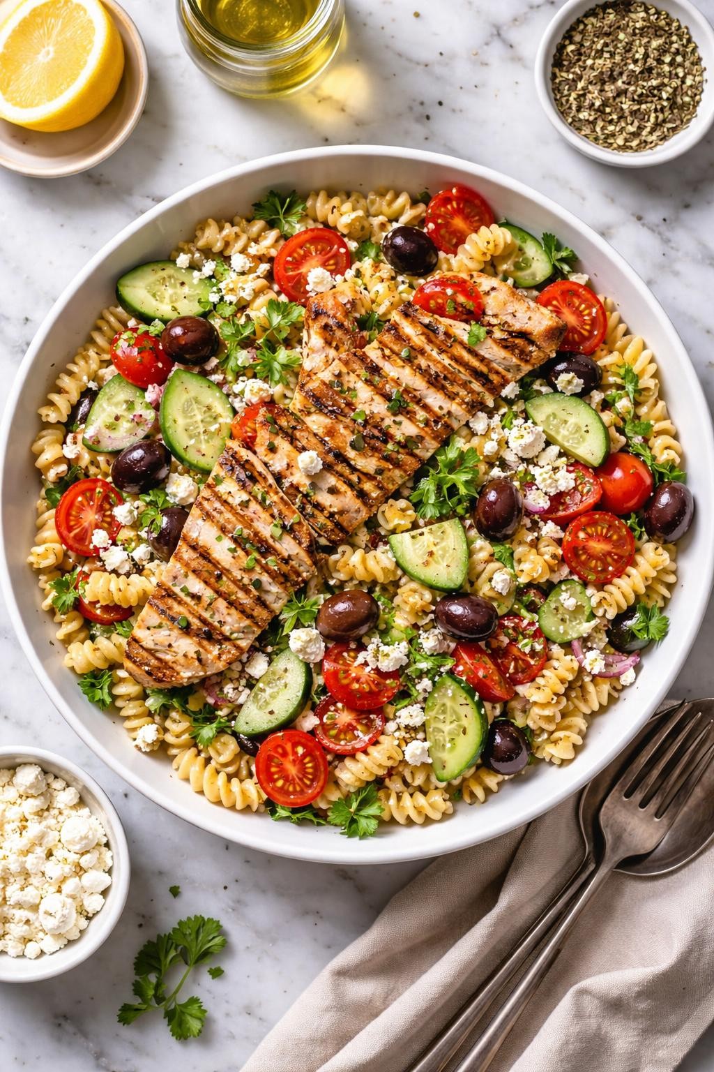 An overheard picture view of a plate of Grilled Chicken Mediterranean Pasta Salad sitting on a marble countertop table in the kitchen, professional food photography style.