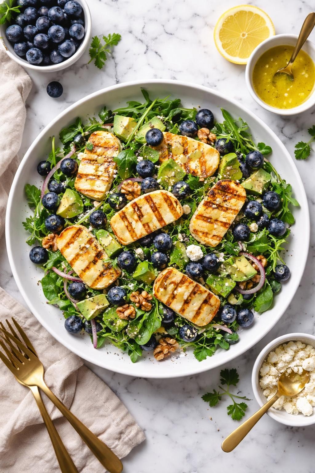 An overheard picture view of a plate of Blueberry and Grilled Halloumi Salad sitting on a marble countertop table in the kitchen, professional food photography style.