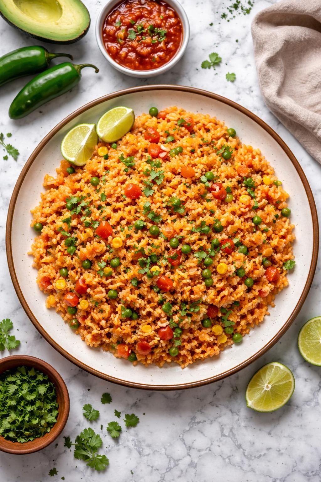 An overheard picture view of a plate of Arroz a la Mexicana sitting on a marble countertop table in the kitchen, professional food photography style.