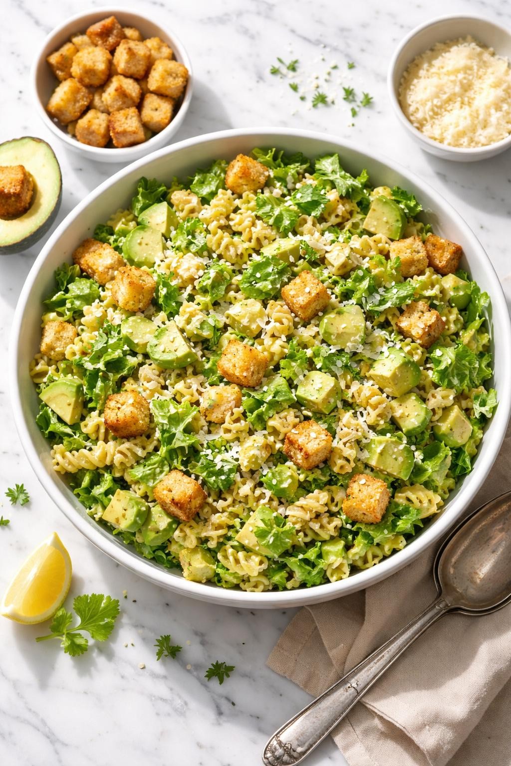 Image Prompt: Realistic top-down editorial food photography of avocado Caesar pasta salad in a large serving bowl on a clean white marble countertop, rotini pasta mixed with chopped romaine, diced avocado, Caesar dressing, parmesan, and croutons, fresh green homemade styling, bright natural window lighting, soft shadows, no people, no hands, no text, no watermarks, no props with writing.