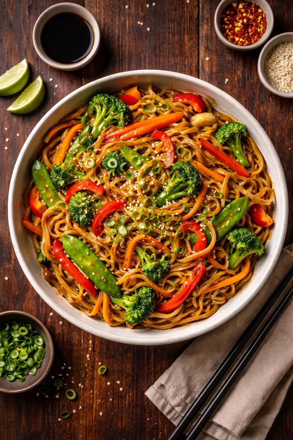 "Realistic top-down food photography of a large bowl of vegetable lo mein on a dark wood table. The noodles are coated in a savory brown sauce, mixed with sliced bell peppers, carrots, snow peas, and broccoli. Sesame seeds and green onions on top. Bright Asian-inspired lighting, takeout-style dinner at home, no people, no hands, no text, no watermarks."