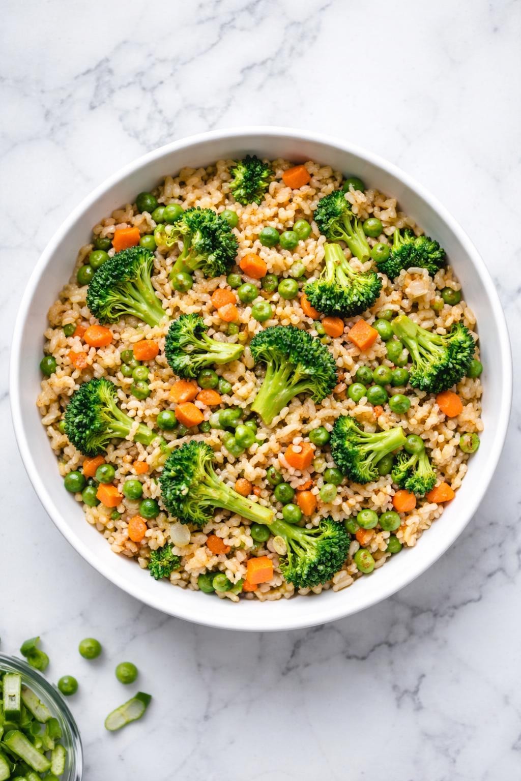 Image Prompt: Realistic top-down editorial food photography of vegan broccoli fried rice in a white bowl on a clean marble countertop, fluffy rice stir-fried with chopped broccoli, carrots, peas, and green onions, easy homemade weeknight meal styling, bright natural light, no people, no hands, no text, no watermarks, no props with writing.