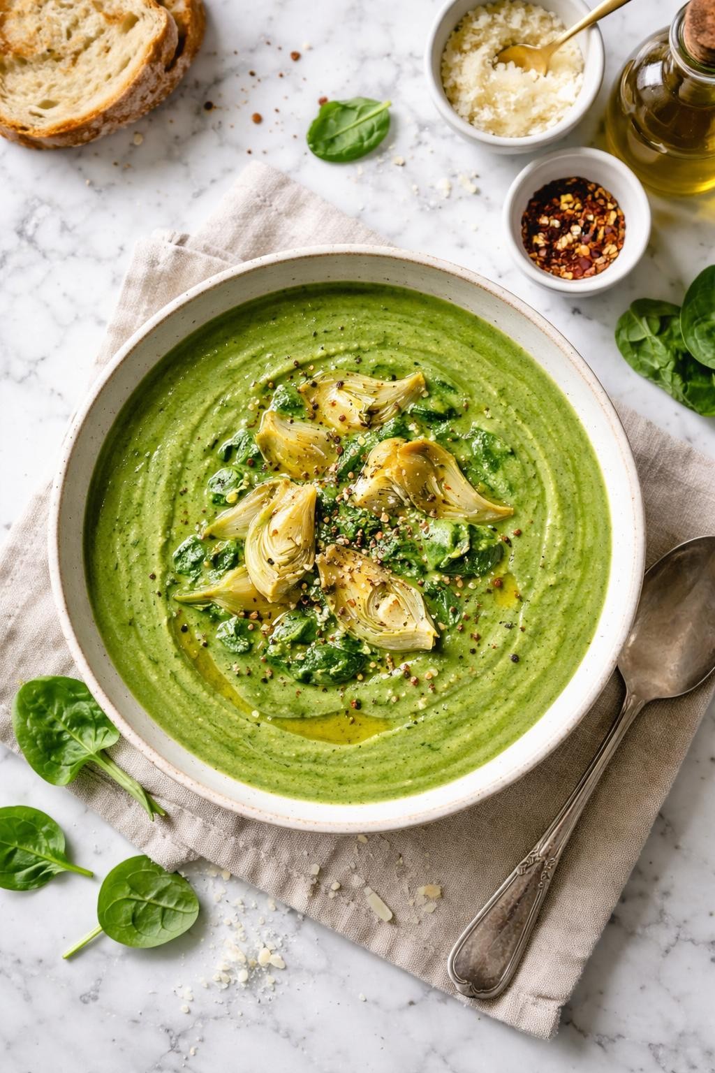An overheard picture view of a plate of Smooth Spinach and Artichoke Soup sitting on a marble countertop table in the kitchen, professional food photography style.