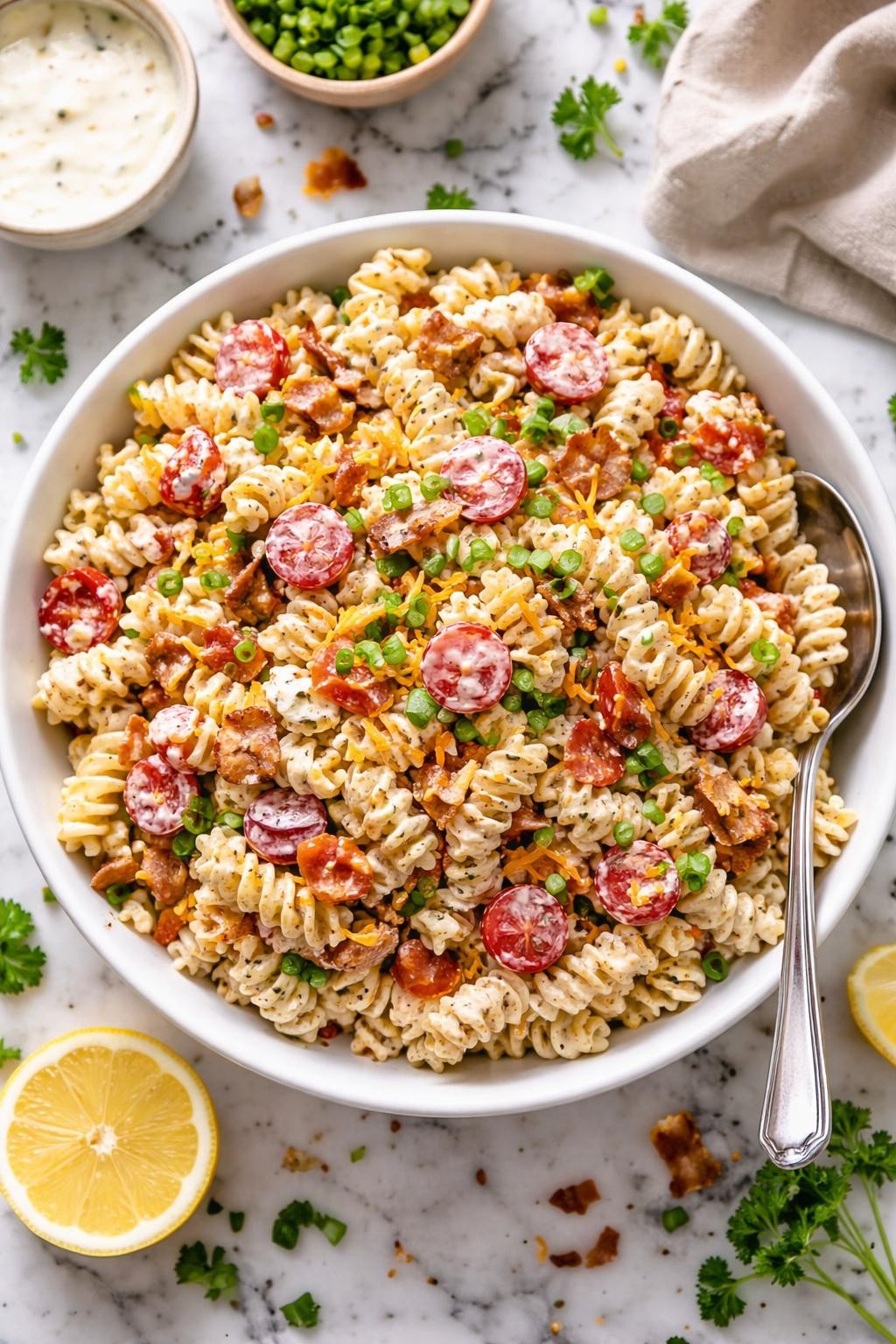 An overheard picture view of a plate of  Creamy Bacon Ranch Pasta Salad  sitting on a marble countertop table in the kitchen, professional food photography style.
