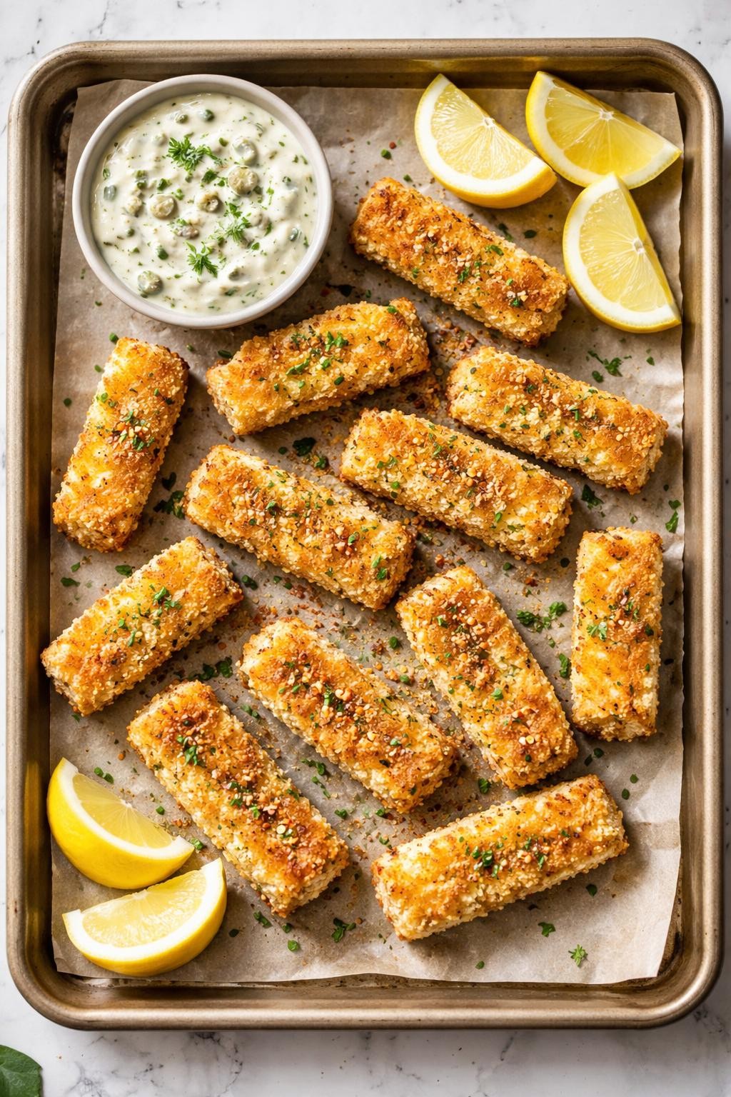 "Realistic top-down food photography of a baking sheet with golden brown homemade fish sticks on a parchment liner. The fish sticks are made from cod pieces coated in panko breadcrumbs, baked until crispy. A small bowl of tartar sauce and lemon wedges on the side. Bright natural light, kid-friendly and healthier than frozen, no people, no hands, no text, no watermarks."