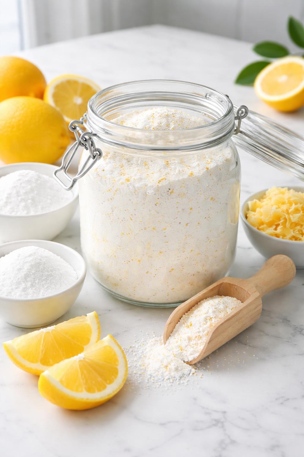 A realistic close-up photo of a glass jar filled with homemade lemon laundry detergent powder on a clean white marble countertop. Lemon slices, small bowls of washing soda, borax, grated laundry soap, and a wooden scoop are arranged neatly around the jar. Bright cool-toned natural light, crisp detail, realistic texture, clean minimal setup, strong focus on the powder detergent and fresh lemon styling, no people, no text, (no watermarks on images)