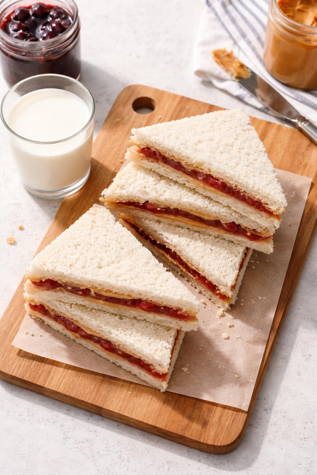 "Overhead realistic photo of four crustless peanut butter and jelly sandwiches cut into triangles, stacked on a cutting board. A small glass of milk next to them. Bright daylight, classic school lunch prep, no people, no hands, no text, no watermarks."