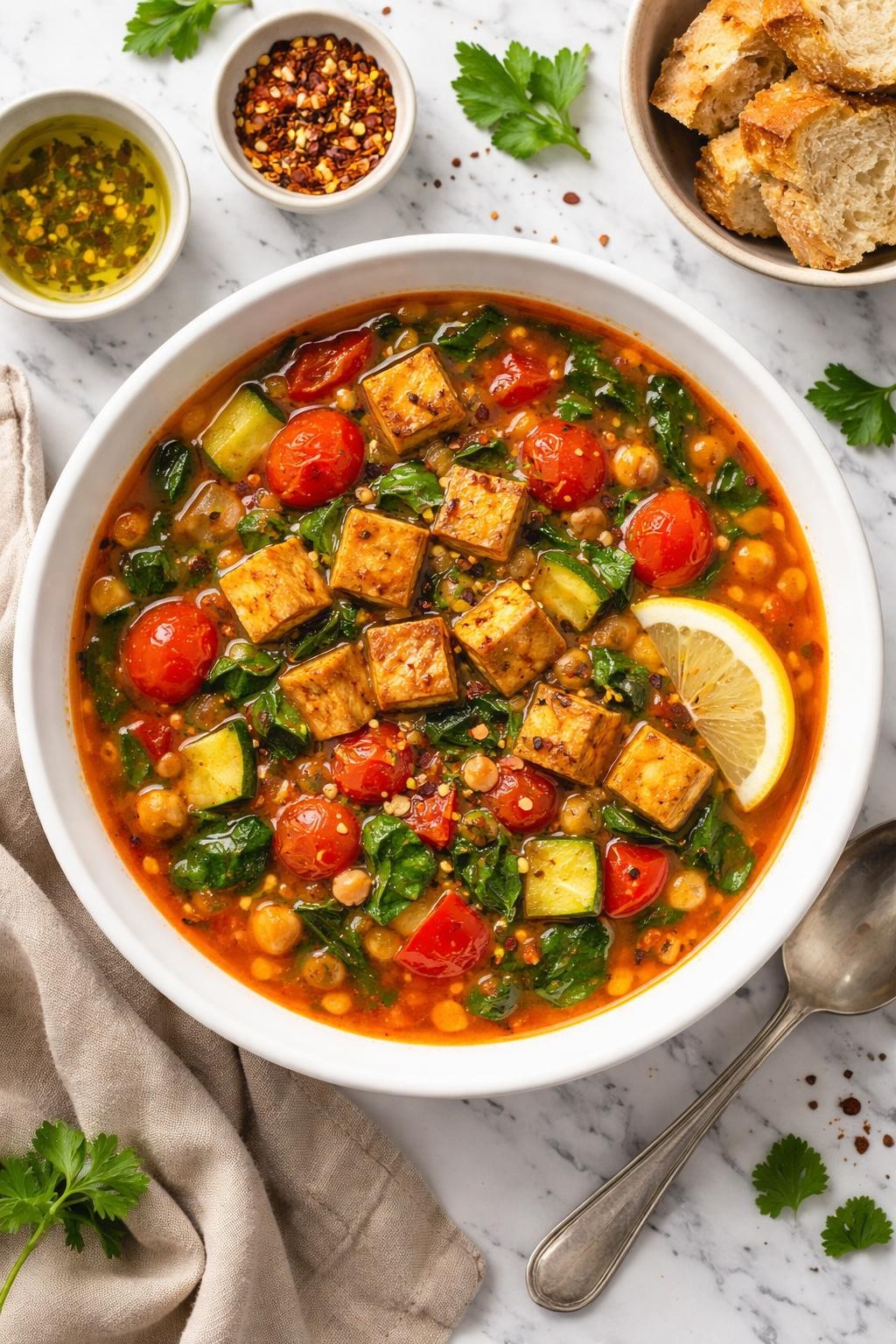 An overheard picture view of a plate of Mediterranean Tofu and Vegetable Soup sitting on a marble countertop table in the kitchen, professional food photography style.
