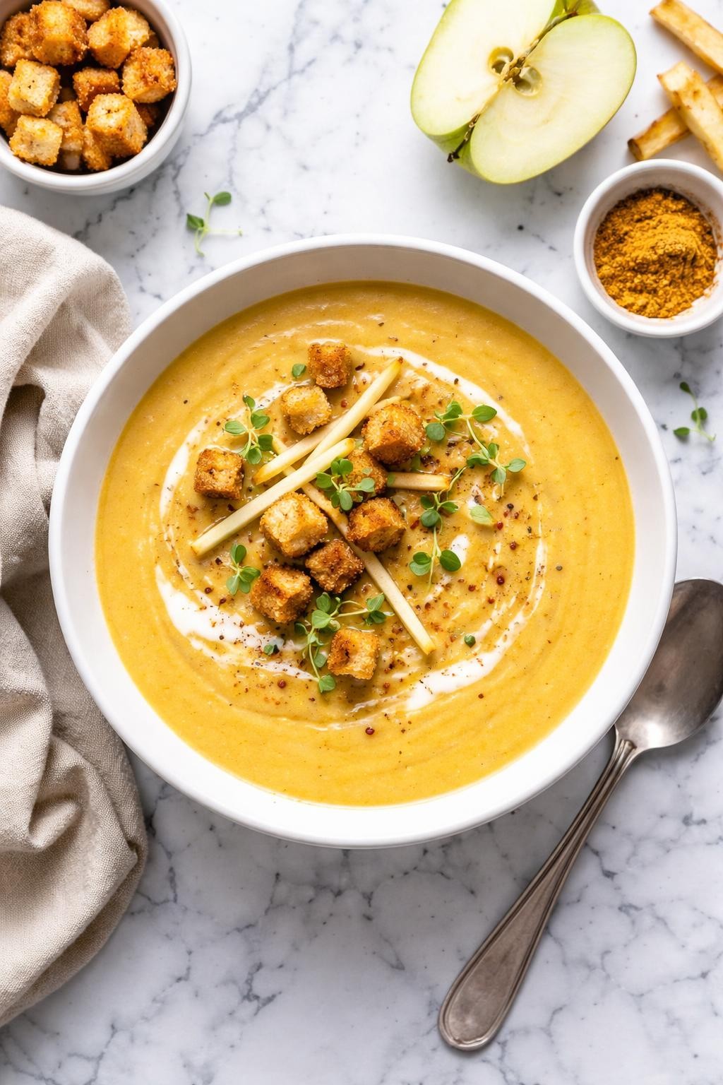 An overheard picture view of a plate of Curried Parsnip and Apple Soup sitting on a marble countertop table in the kitchen, professional food photography style.
