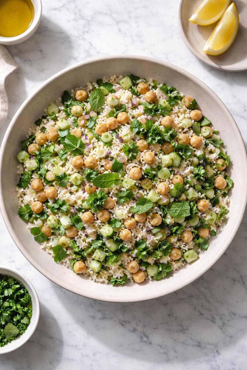 Image Prompt: Realistic top-down editorial food photography of a chickpea and herb rice salad in a wide neutral bowl on a white marble countertop, fluffy rice mixed with chickpeas, cucumber, chopped parsley, mint, red onion, and lemon dressing, bright natural window lighting, soft shadows, high detail, realistic food texture, clean composition, no people, no hands, no text, no watermarks, no props with writing.