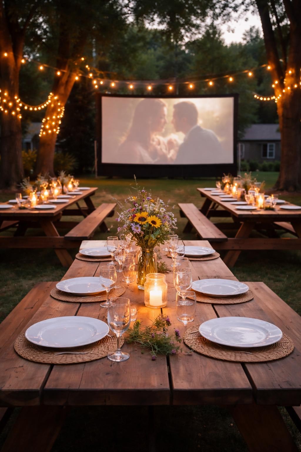 Photo of a backyard with picnic tables set for dinner facing a movie screen, wide view at dusk, tables with plates and glasses, containing a vase of wildflowers on one table, iPhone photo quality.