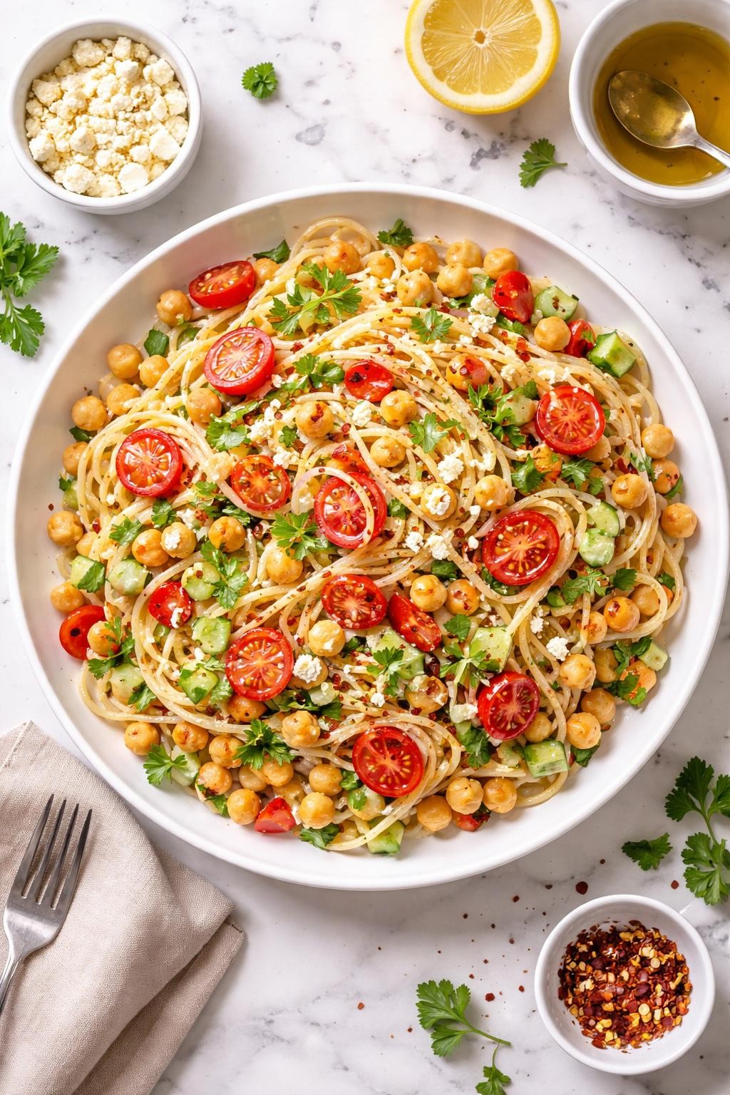 An overheard picture view of a plate of  Cold Spaghetti Salad with Chickpeas  sitting on a marble countertop table in the kitchen, professional food photography style.

