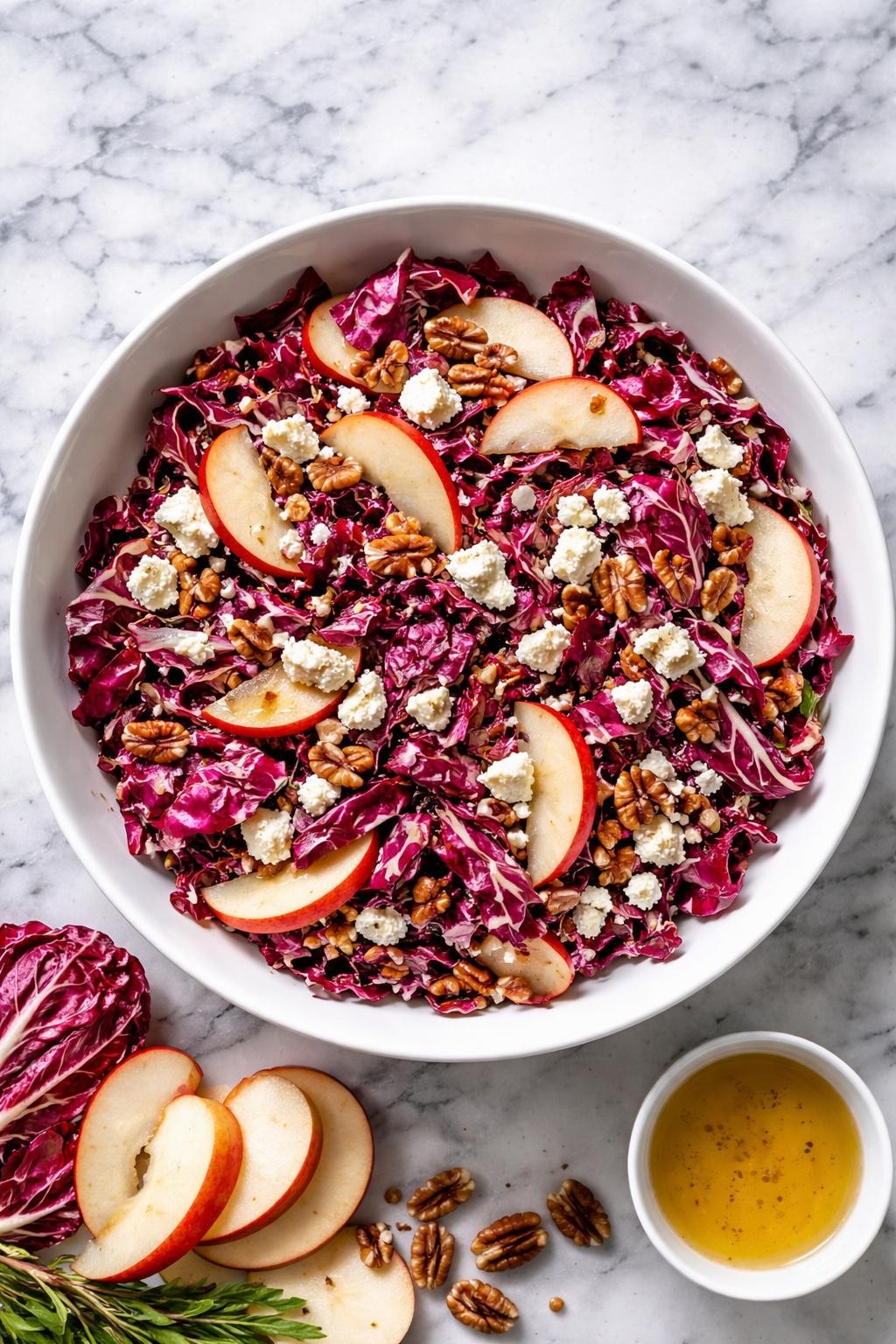 Image Prompt: Realistic top-down editorial food photography of a radicchio salad with apples and goat cheese in a white bowl on a clean white and gray marble countertop, chopped radicchio with apple slices, creamy goat cheese, toasted pecans, and apple cider vinaigrette, bright natural window light, soft shadows, high detail, realistic food texture, no people, no hands, no text, no watermarks, no props with writing.