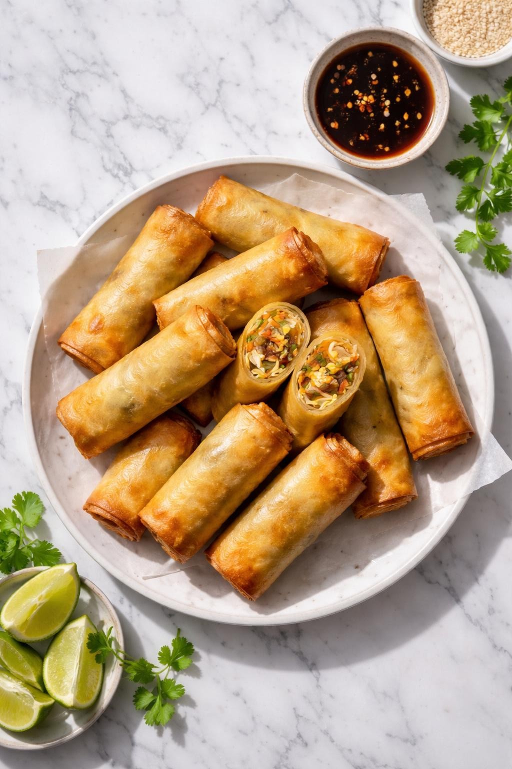 Image Prompt: Top-down realistic editorial food photography of vegan vegetable spring rolls on a clean white and gray marble countertop, crisp golden rolls filled with cabbage, carrots, and mushrooms, arranged neatly with dipping sauce on the side, homemade appetizer styling, bright natural light, soft shadows, high detail, no people, no hands, no text, no watermarks, no props with writing.