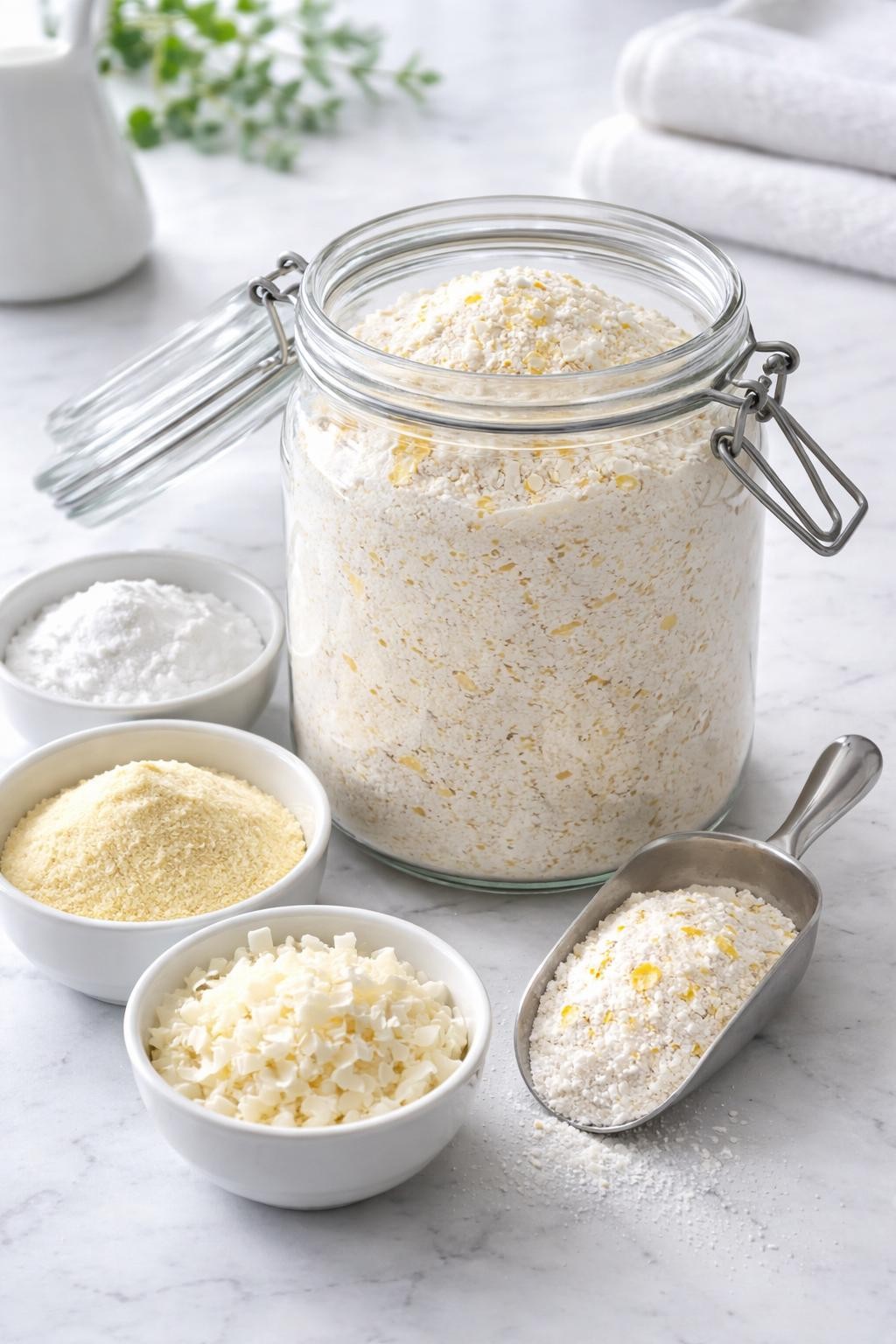 A realistic close-up photo of a glass jar filled with homemade baking soda laundry detergent powder on a clean white marble countertop. Small bowls of baking soda, washing soda, grated soap, and a metal scoop are arranged neatly around the jar. Bright cool-toned natural light, crisp detail, realistic texture, clean minimal setup, strong focus on the powder mixture and storage jar, no people, no text, (no watermarks on images)