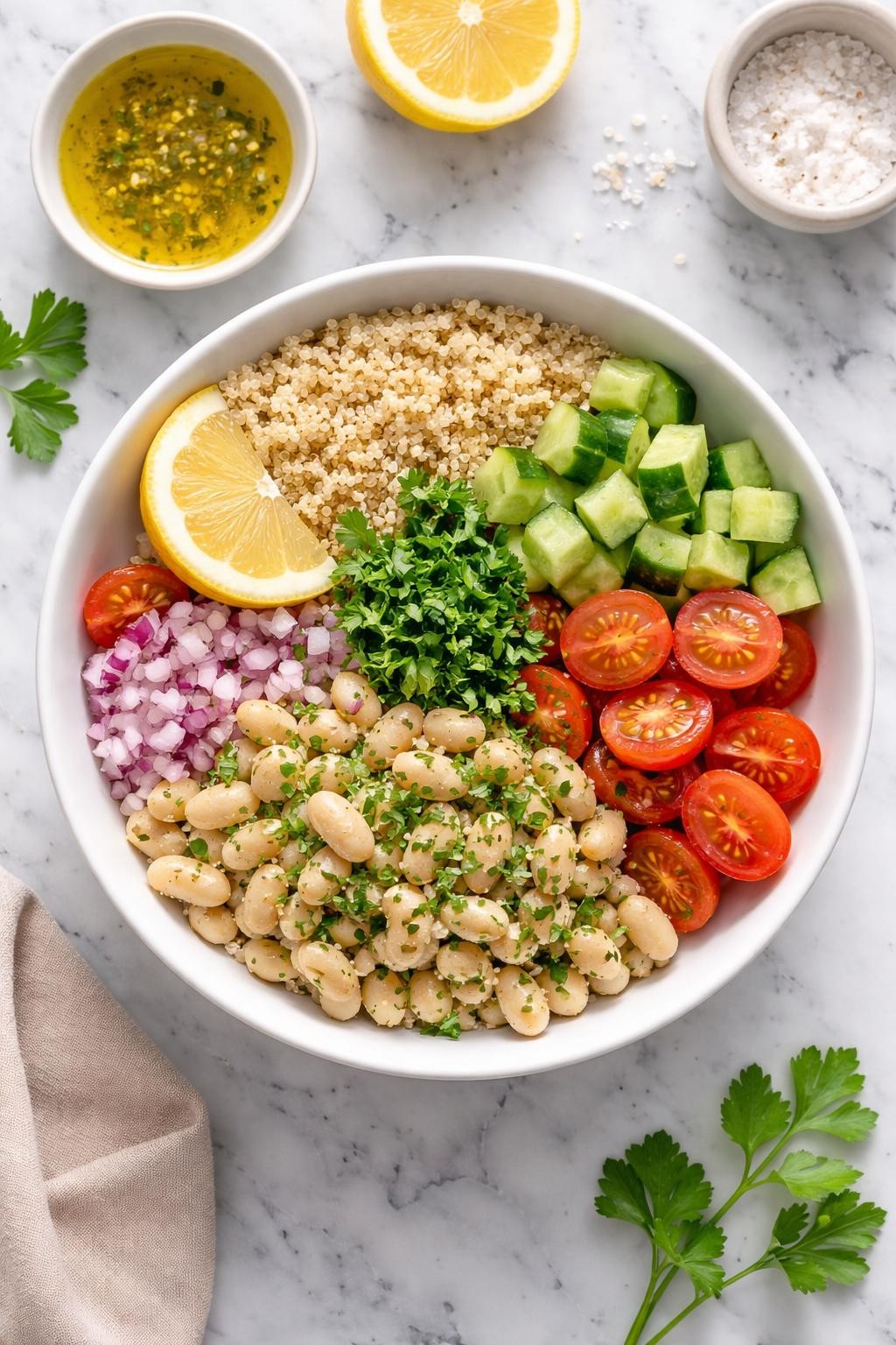 Image Prompt: Realistic top-down editorial food photography of a lemon herb white bean bowl on a clean white and gray marble countertop, filled with white beans, cucumber, tomatoes, parsley, red onion, cooked quinoa, and lemon olive oil dressing in a neat white bowl, fresh wholesome homemade meal styling, bright natural window lighting, soft shadows, clean composition, high detail, realistic food texture, no people, no hands, no text, no watermarks, no props with writing.
