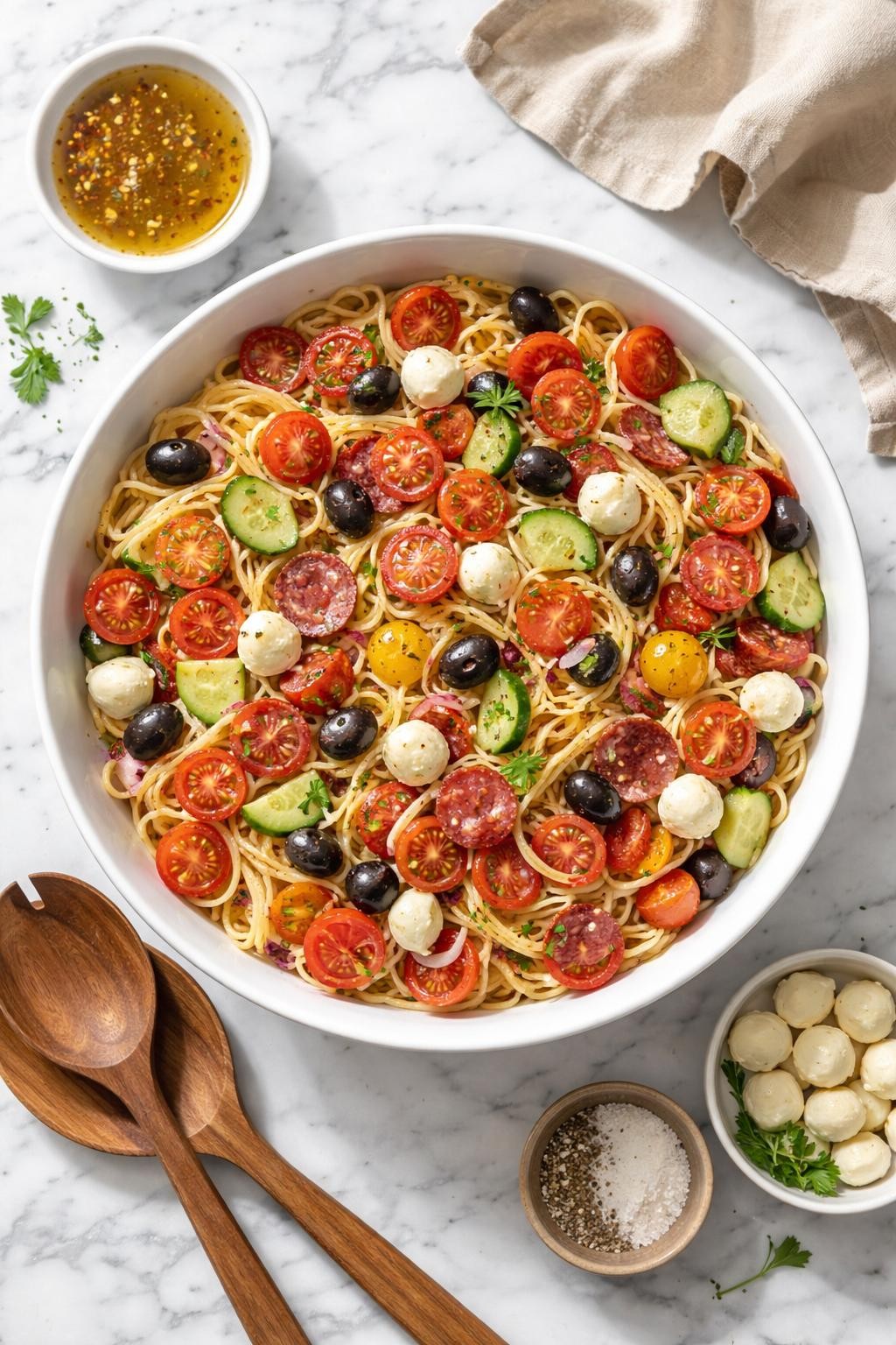 Image Prompt: Realistic top-down editorial food photography of an Italian noodle salad on a clean white and gray marble countertop, chilled spaghetti noodles mixed with cherry tomatoes, olives, cucumber, pepperoni, mozzarella, and Italian dressing in a large white bowl, homemade picnic meal styling, bright natural window lighting, soft shadows, clean composition, high detail, realistic food texture, no people, no hands, no text, no watermarks, no props with writing.