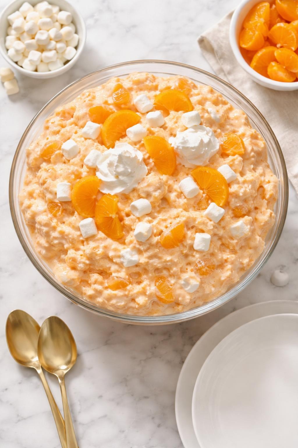 Image Prompt: Realistic top-down editorial food photography of orange creamsicle jello salad in a clear serving bowl on a white marble countertop, fluffy pale orange jello salad with mandarin oranges, mini marshmallows, and whipped topping, creamy nostalgic potluck dessert styling, bright natural daylight, soft shadows, clean editorial composition, high detail, realistic texture, no people, no hands, no text, no watermarks, no props with writing.