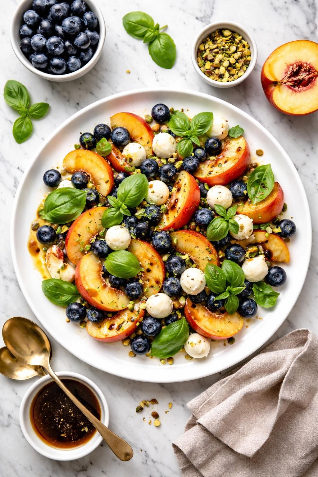 An overheard picture view of a plate of Blueberry Peach Salad with Basil and Mozzarella sitting on a marble countertop table in the kitchen, professional food photography style.