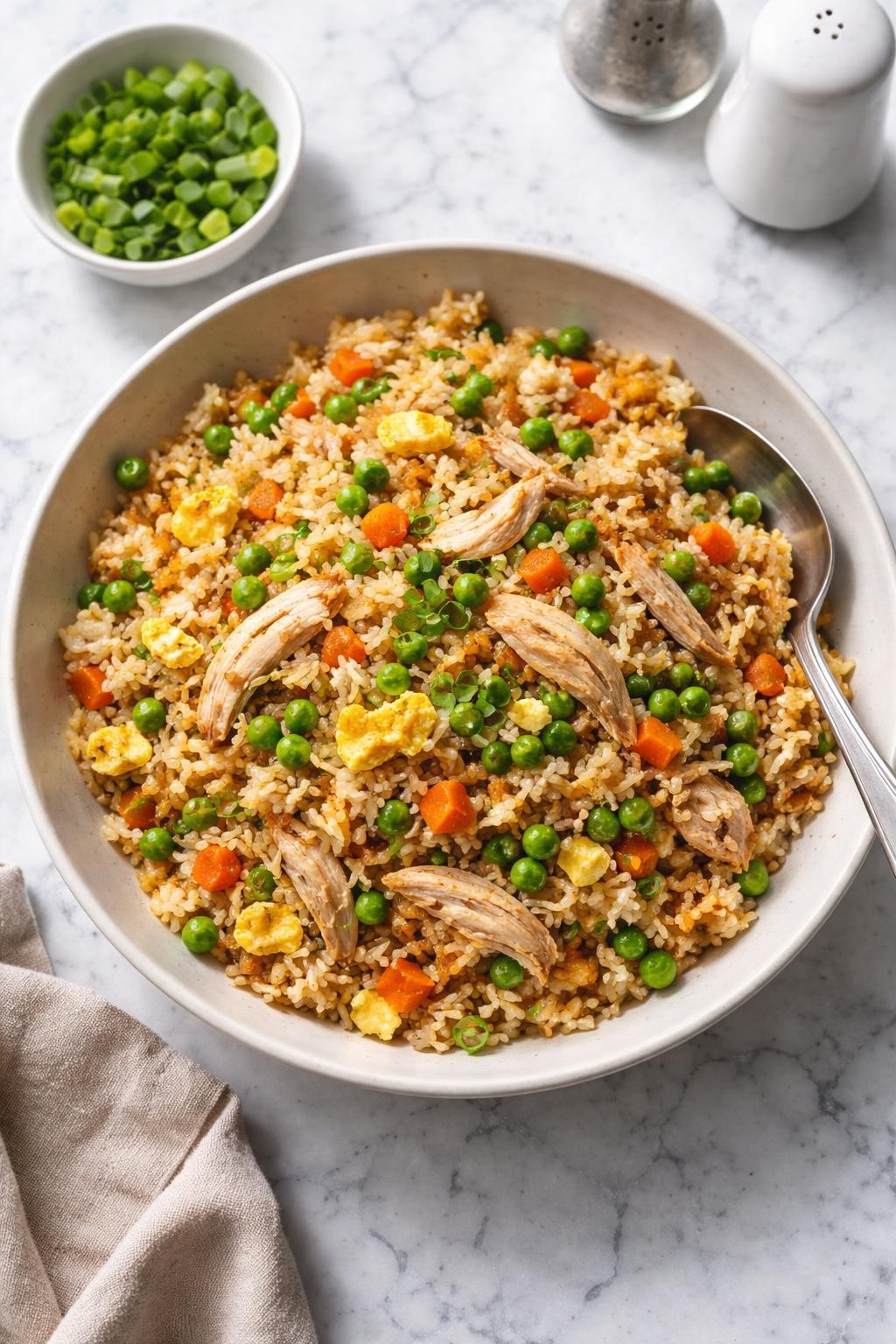Prompt: Top-down realistic editorial food photography of rotisserie chicken fried rice in a shallow bowl on a clean white and gray marble countertop, rice stir-fried with shredded rotisserie chicken, peas, carrots, scrambled egg, and green onions, glossy savory finish with a homemade takeout-style look, bright natural window lighting, soft shadows, clean composition, high detail, realistic food texture, no people, no hands, no text, no watermarks, no props with writing.
