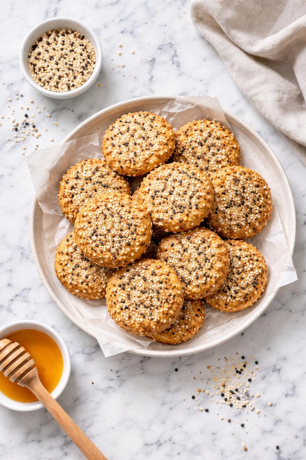 An overheard picture view of a plate of Sesame Seed Cookies   sitting on a marble countertop table in the kitchen, professional food photography style.
