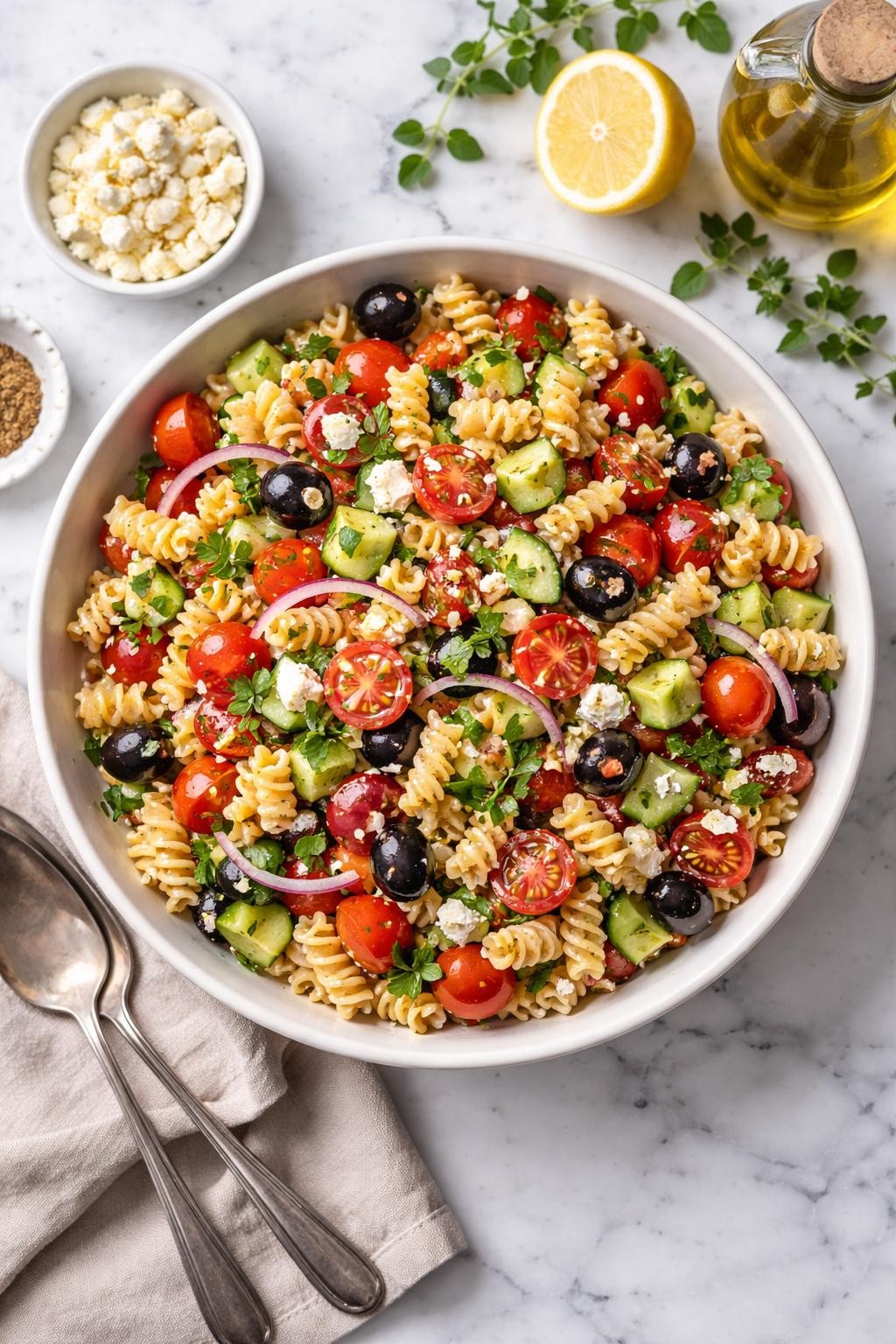 An overheard picture view of a plate of Classic Greek Pasta Salad sitting on a marble countertop table in the kitchen, professional food photography style.