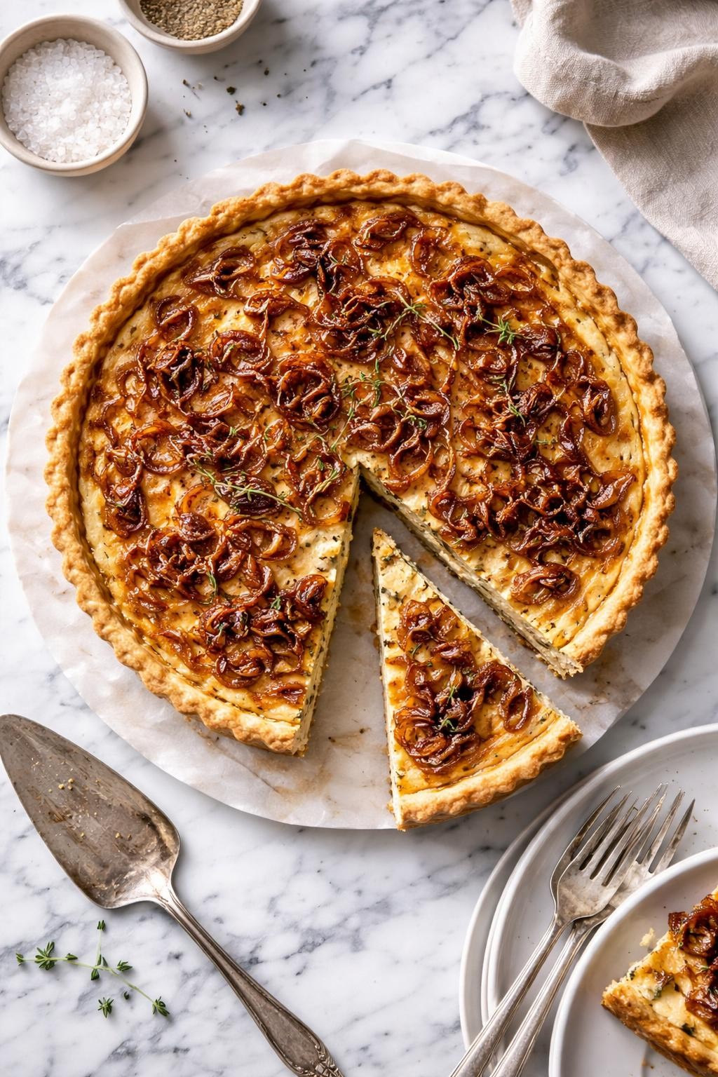 Image Prompt: Top-down realistic editorial food photography of a homemade vegan caramelized onion quiche on a clean white and gray marble countertop, flaky crust filled with creamy tofu-based quiche filling and deep golden caramelized onions, one slice removed to show the rich savory brunch center, warm elegant homemade mood, bright natural window light, soft shadows, high detail, no people, no hands, no text, no watermarks, no props with writing.