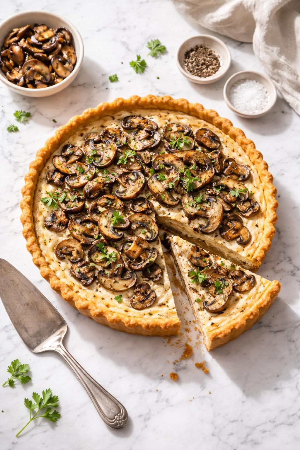 Image Prompt: Top-down realistic editorial food photography of a homemade vegan mushroom quiche on a clean white marble countertop, flaky crust filled with creamy tofu quiche filling and sautéed mushrooms, one slice removed to show the tender savory texture inside, cozy homemade brunch mood, bright natural daylight, soft shadows, clean editorial styling, high detail, no people, no hands, no text, no watermarks, no props with writing.