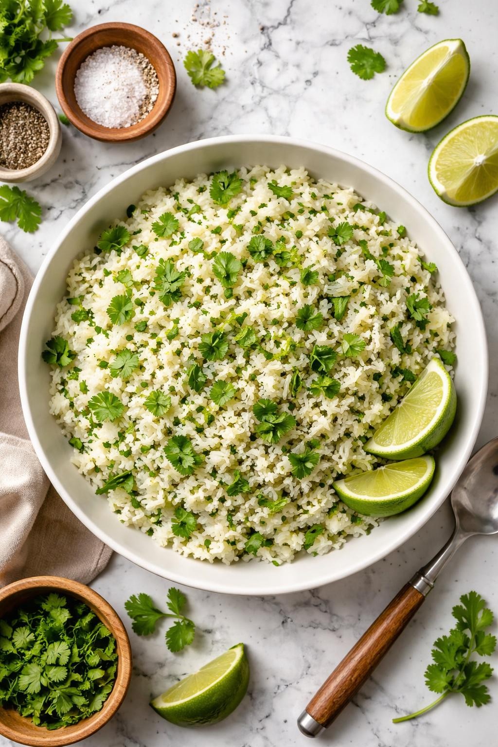 An overheard picture view of a plate of Cilantro Lime Rice sitting on a marble countertop table in the kitchen, professional food photography style.