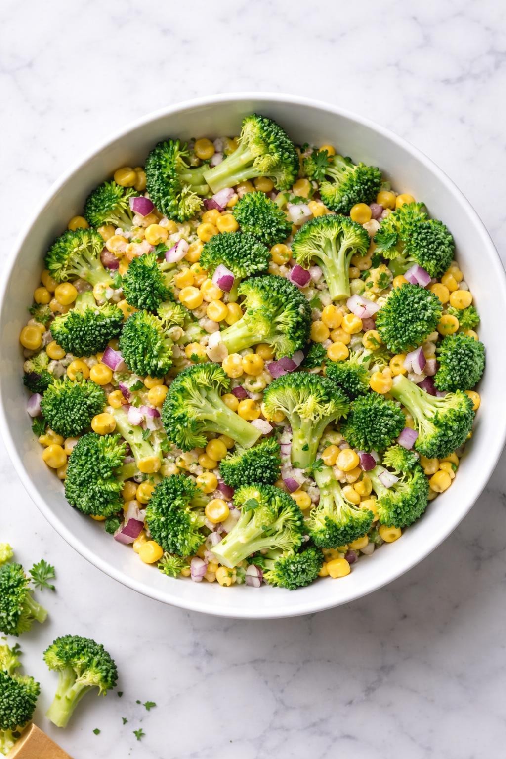 Image Prompt: Realistic top-down editorial food photography of a vegan broccoli and corn salad in a large white bowl on a clean marble countertop, chopped broccoli with sweet corn, red onion, and light lemon dressing, fresh simple side dish styling, bright natural daylight, no people, no hands, no text, no watermarks, no props with writing.