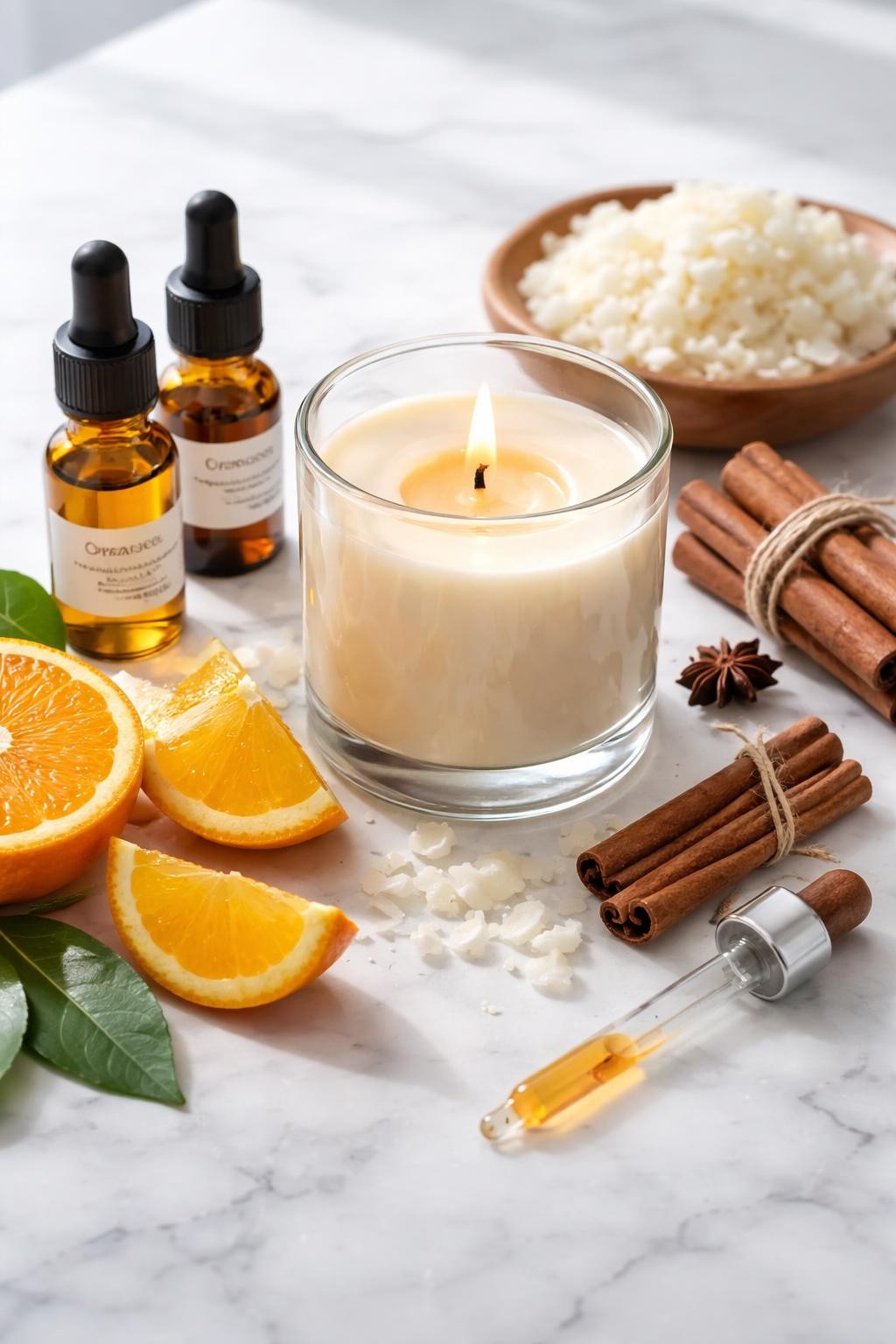 A realistic close-up photo of a homemade candle scent setup for orange cinnamon on a clean white marble countertop. Small bottles of orange essential oil and cinnamon fragrance oil sit beside a glass candle jar with creamy wax and a centered wick. Orange slices, cinnamon sticks, soy wax flakes, and a small dropper are arranged neatly around the candle. Bright cool-toned natural light, crisp detail, realistic texture, clean minimal setup, strong focus on the candle and spice-citrus ingredients, no people, no text, (no watermarks on images)