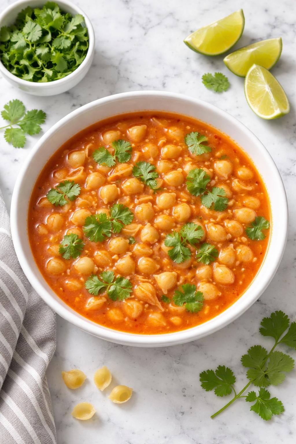 Image Prompt: Realistic top-down editorial food photography of Mexican sopita with lime and cilantro in a white bowl on a clean white and gray marble countertop, small pasta in light red tomato broth with fresh cilantro leaves and lime wedges nearby, bright natural daylight, fresh cozy homemade mood, no people, no hands, no text, no watermarks, no props with writing.