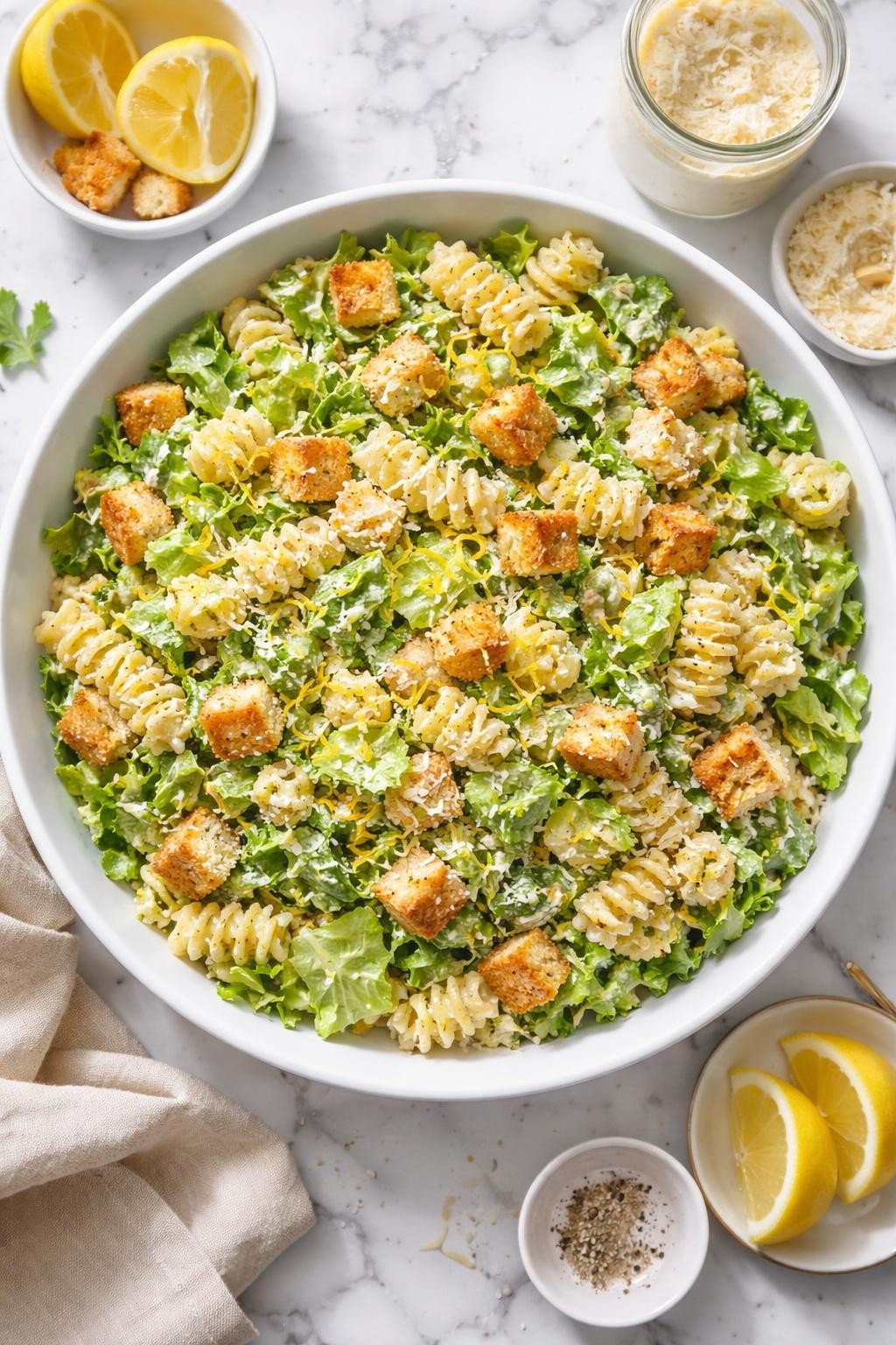 Image Prompt: Realistic top-down editorial food photography of lemon Caesar pasta salad in a large white serving bowl on a white and gray marble countertop, rotini pasta mixed with chopped romaine, creamy Caesar dressing, lemon zest, parmesan, and croutons, bright fresh homemade styling, natural daylight, soft shadows, no people, no hands, no text, no watermarks, no props with writing.