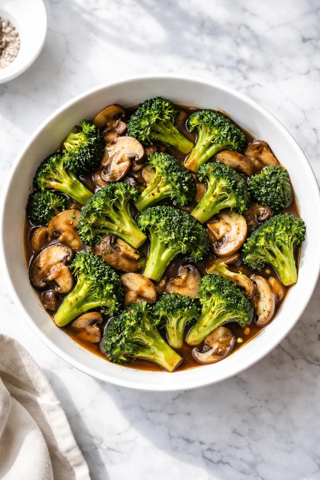 Image Prompt: Realistic top-down editorial food photography of a vegan broccoli and mushroom stir-fry in a white bowl on a clean marble countertop, glossy broccoli florets and sliced mushrooms in savory sauce, easy weeknight dinner styling, bright natural window light, no people, no hands, no text, no watermarks, no props with writing.