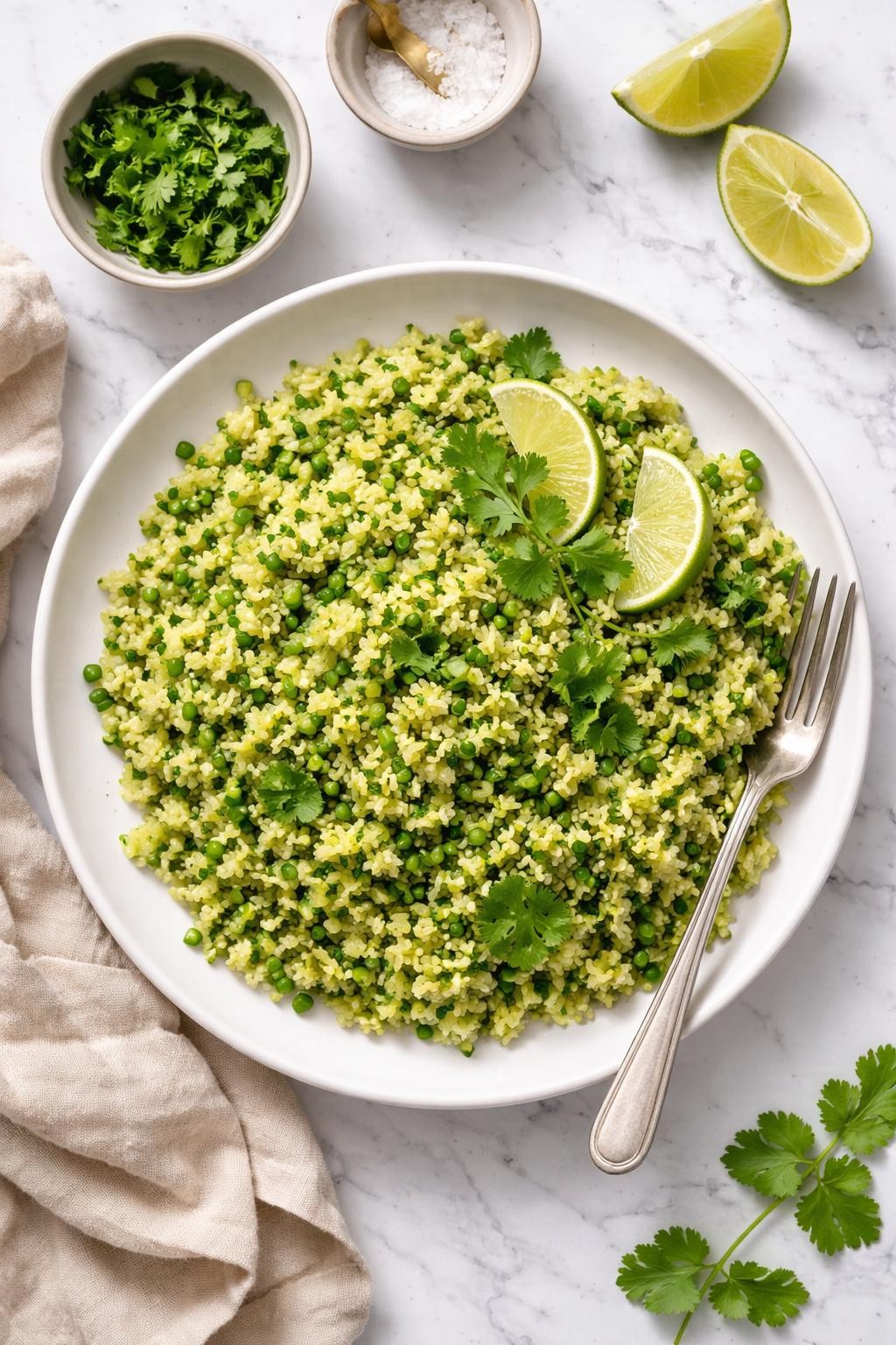 An overheard picture view of a plate of Arroz Verde (Green Rice) sitting on a marble countertop table in the kitchen, professional food photography style.