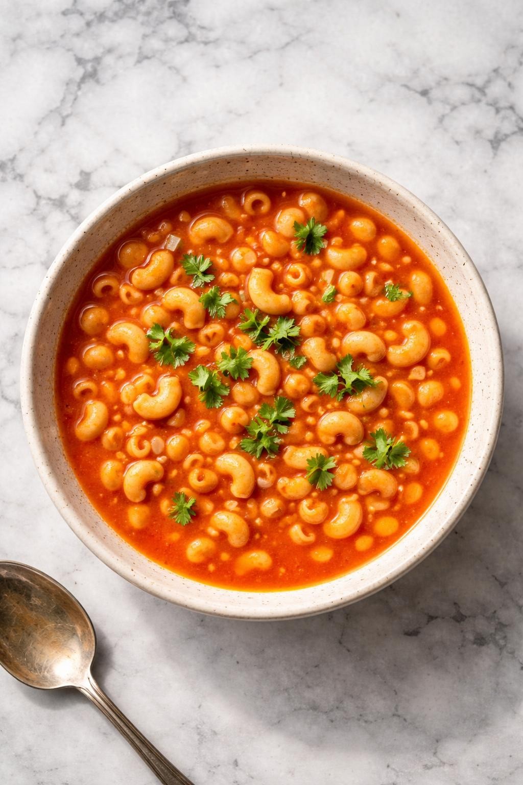 Image Prompt: Realistic top-down editorial food photography of Mexican sopita with elbow macaroni in a bowl on a white and gray marble countertop, elbow pasta in red tomato broth with soft onion and a light cilantro garnish, bright natural daylight, simple homemade comfort food mood, no people, no hands, no text, no watermarks, no props with writing.