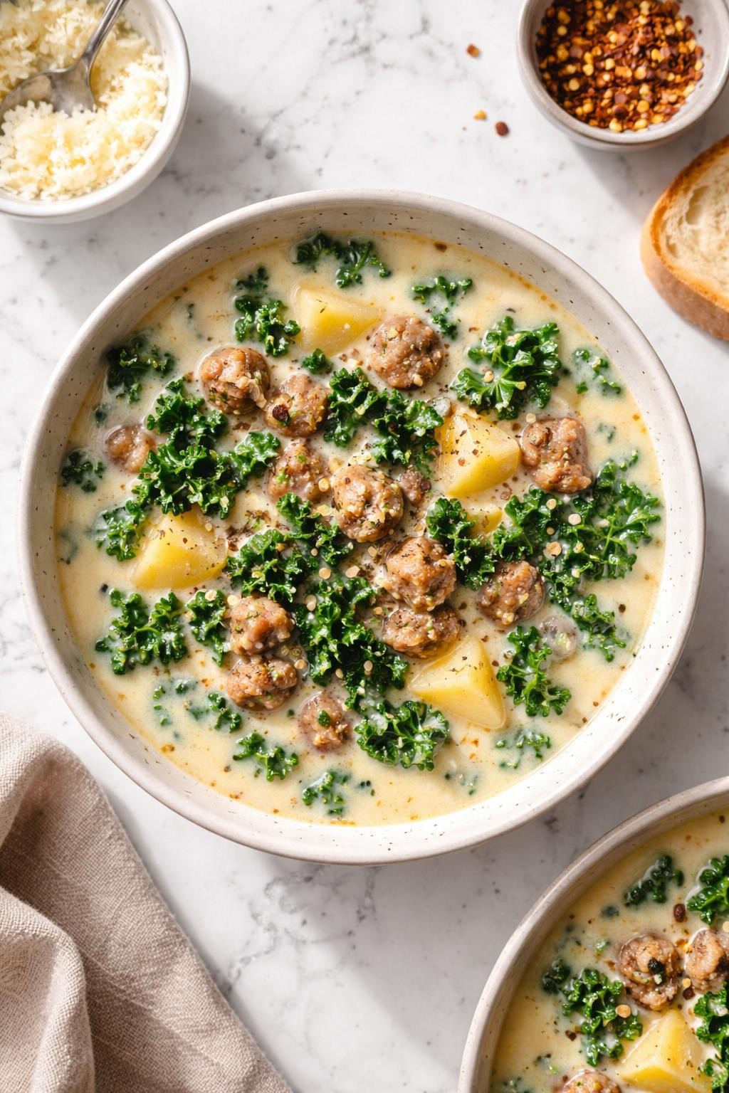 Image Prompt: Realistic top-down editorial food photography of a bowl of creamy sausage and kale soup on a clean white and gray marble countertop, filled with browned sausage, soft potatoes, chopped kale, and a creamy broth with cracked black pepper, warm cozy Olive Garden inspired homemade soup mood, bright natural light, soft shadows, clean composition, high detail, realistic texture, no people, no hands, no text, no watermarks, no props with writing.